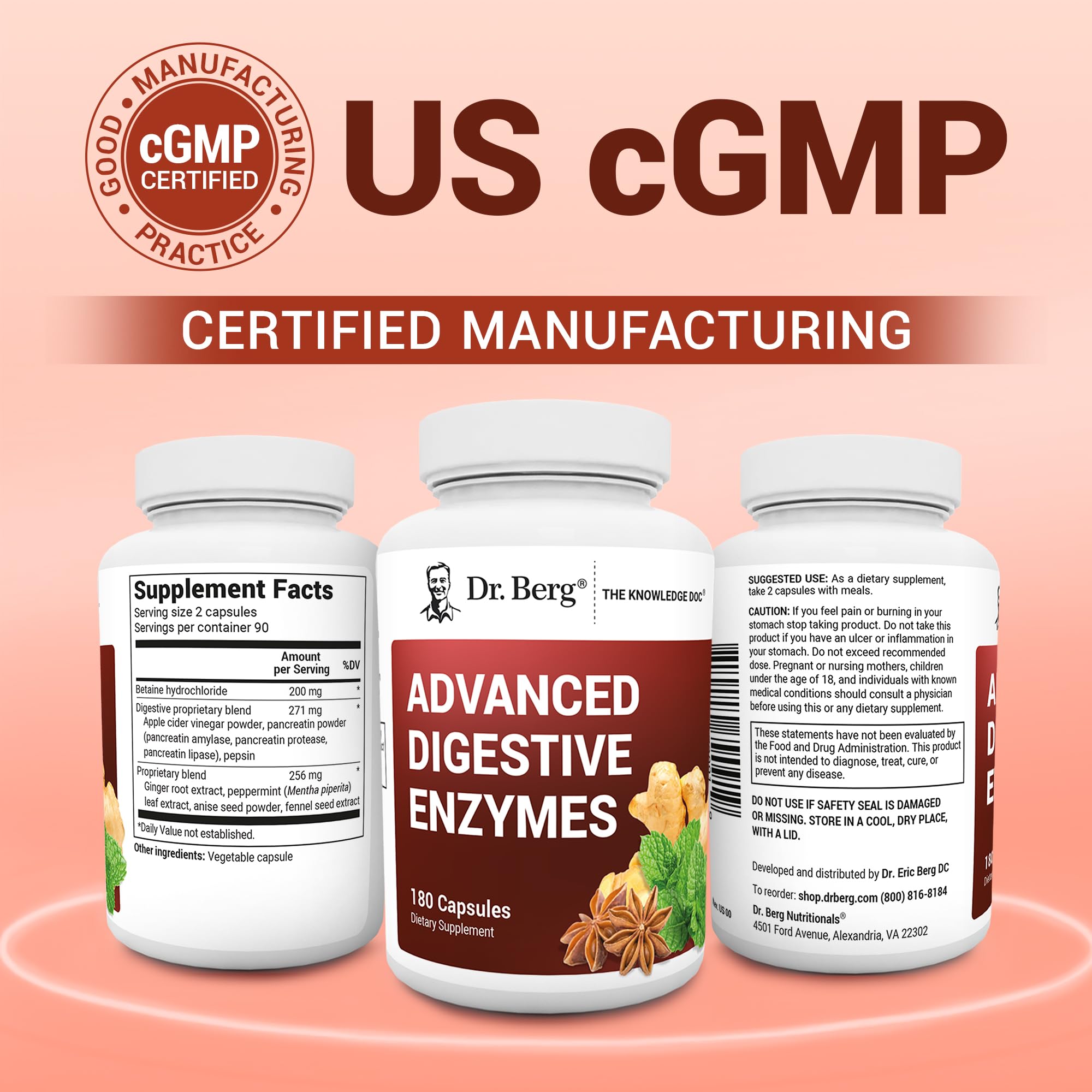 Dr. Berg Advanced Digestive Enzymes with Apple Cider Vinegar - Includes Digestive Health Ingredients Like Betaine Hydrochloride (HCI), Ginger Root & Peppermint Leaf - 180 Capsules - TrustMedUSA