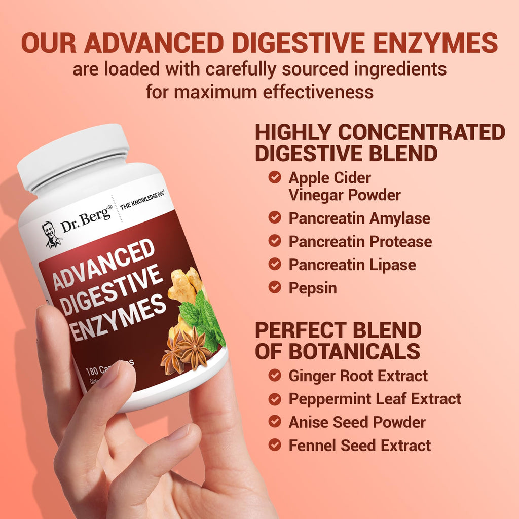 Dr. Berg Advanced Digestive Enzymes with Apple Cider Vinegar - Includes Digestive Health Ingredients Like Betaine Hydrochloride (HCI), Ginger Root & Peppermint Leaf - 180 Capsules - TrustMedUSA
