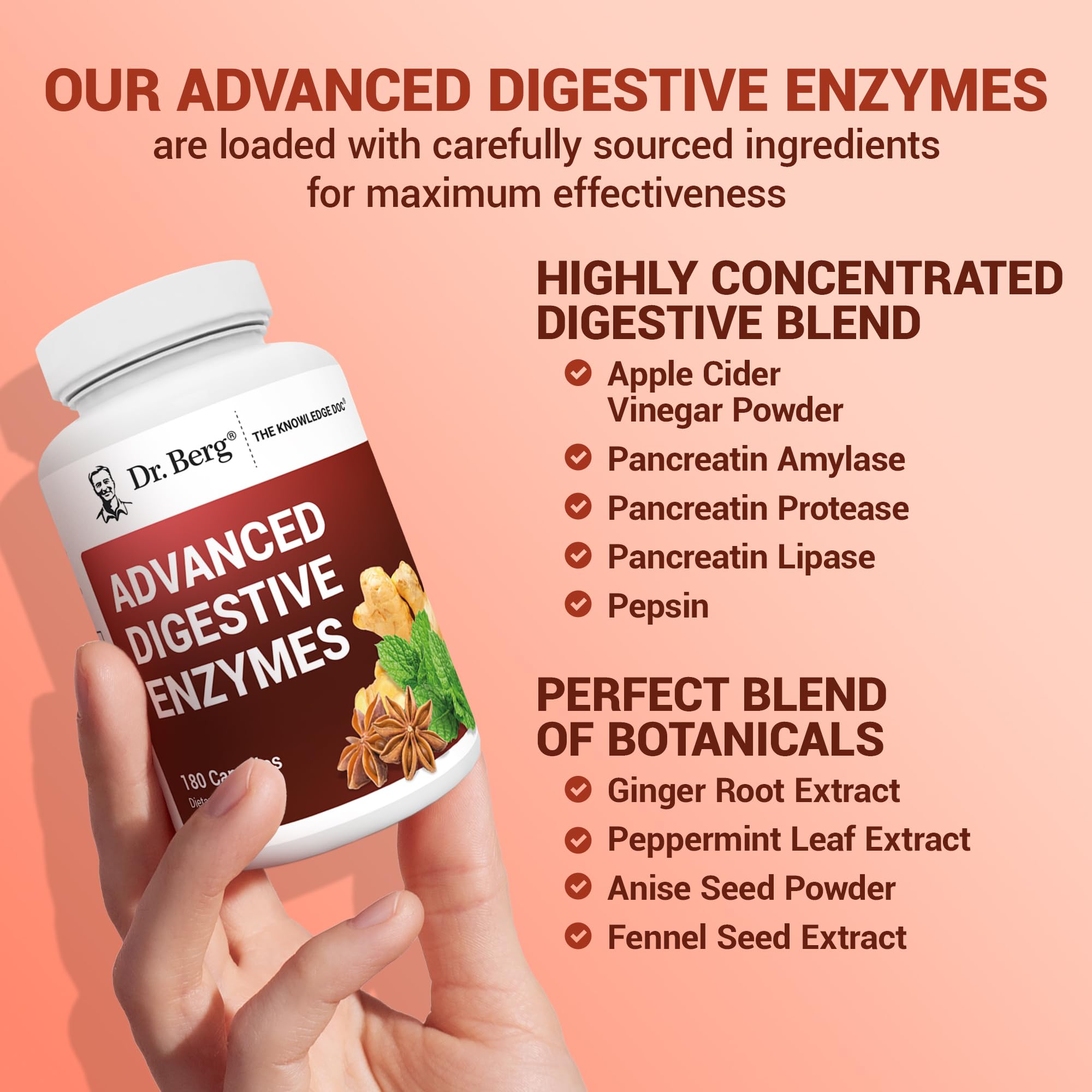 Dr. Berg Advanced Digestive Enzymes with Apple Cider Vinegar - Includes Digestive Health Ingredients Like Betaine Hydrochloride (HCI), Ginger Root & Peppermint Leaf - 180 Capsules - TrustMedUSA