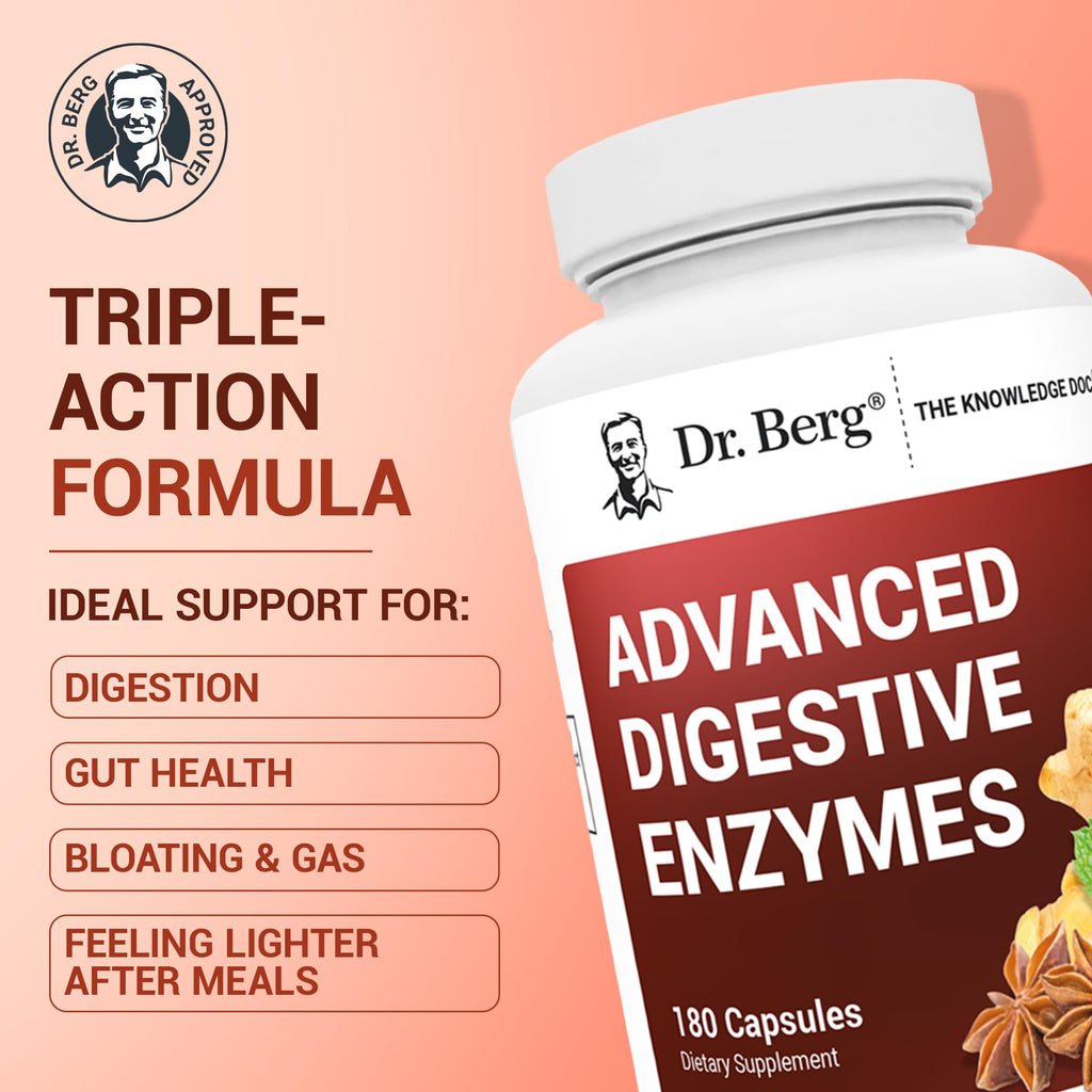 Dr. Berg Advanced Digestive Enzymes with Apple Cider Vinegar - Includes Digestive Health Ingredients Like Betaine Hydrochloride (HCI), Ginger Root & Peppermint Leaf - 180 Capsules - TrustMedUSA