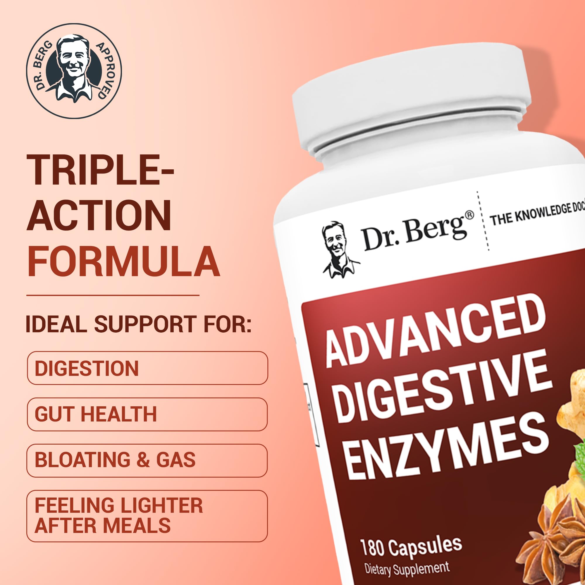 Dr. Berg Advanced Digestive Enzymes with Apple Cider Vinegar - Includes Digestive Health Ingredients Like Betaine Hydrochloride (HCI), Ginger Root & Peppermint Leaf - 180 Capsules - TrustMedUSA