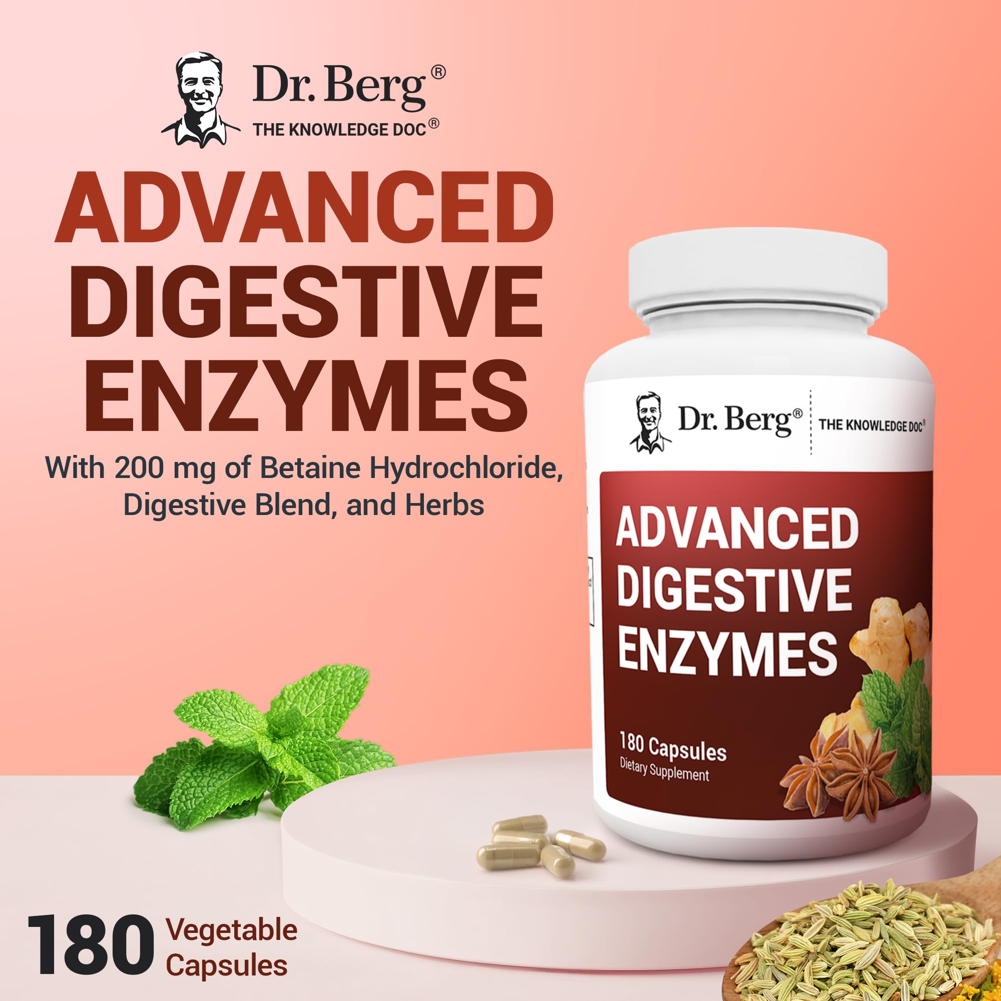 Dr. Berg Advanced Digestive Enzymes with Apple Cider Vinegar - Includes Digestive Health Ingredients Like Betaine Hydrochloride (HCI), Ginger Root & Peppermint Leaf - 180 Capsules - TrustMedUSA
