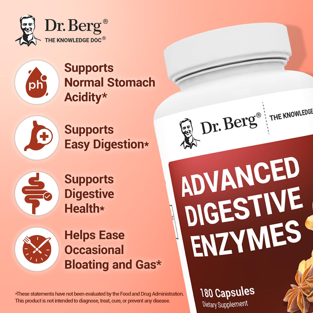 Dr. Berg Advanced Digestive Enzymes with Apple Cider Vinegar - Includes Digestive Health Ingredients Like Betaine Hydrochloride (HCI), Ginger Root & Peppermint Leaf - 180 Capsules - TrustMedUSA