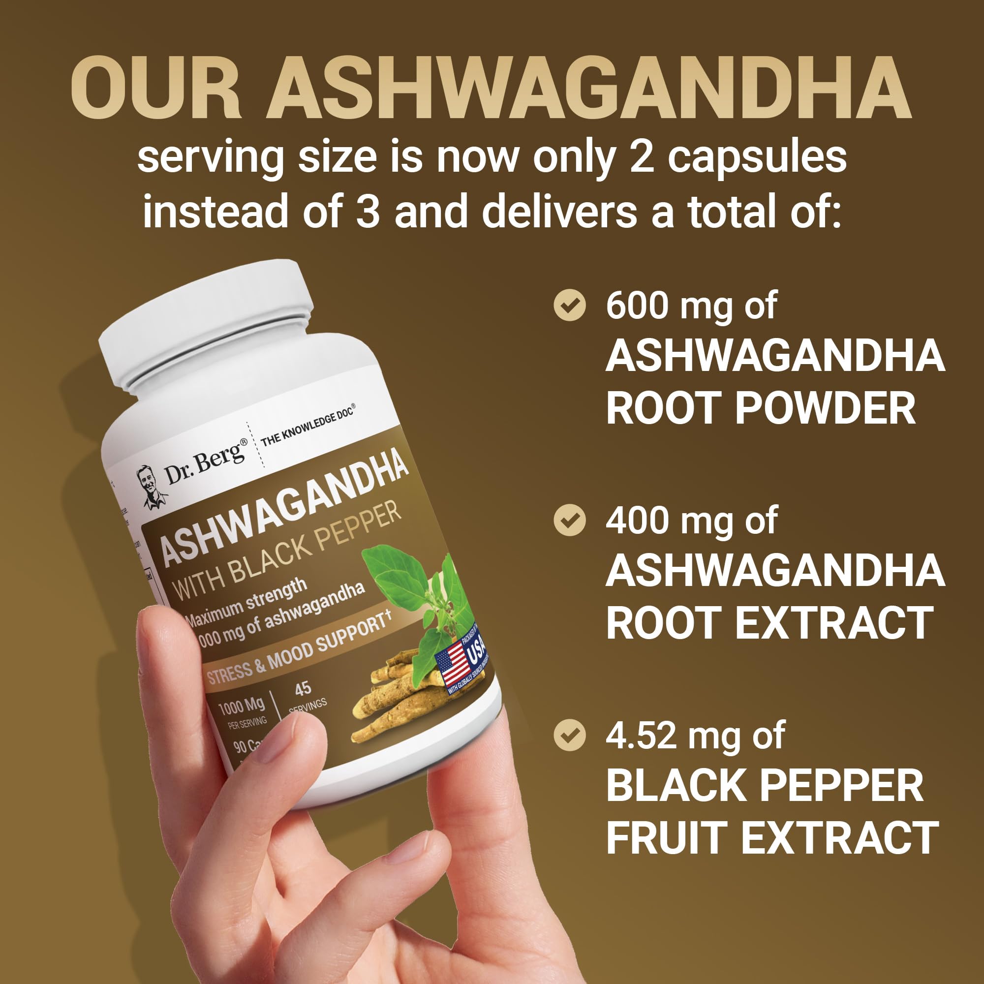 Dr. Berg Ashwagandha Capsules 1000mg - Includes Ashwagandha Root with Black Pepper from Bioperine - Ashwagandha Supplements 90 Capsules - TrustMedUSA