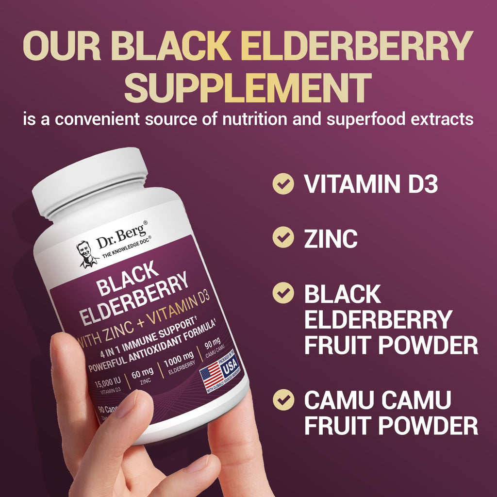 Dr. Berg Black Elderberry Capsules (Advanced Immune Support*) with 15,000 IU Vitamin D, 60 mg of Zinc, & 90 mg of Camu Camu - (4-in-1) Sambucus Elderberry Immune Support Supplement - 90 Capsules - TrustMedUSA