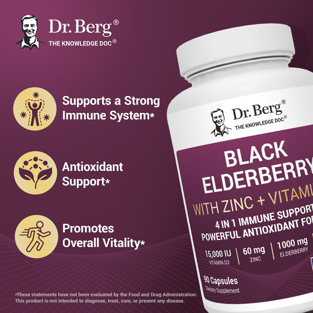 Dr. Berg Black Elderberry Capsules (Advanced Immune Support*) with 15,000 IU Vitamin D, 60 mg of Zinc, & 90 mg of Camu Camu - (4-in-1) Sambucus Elderberry Immune Support Supplement - 90 Capsules - TrustMedUSA