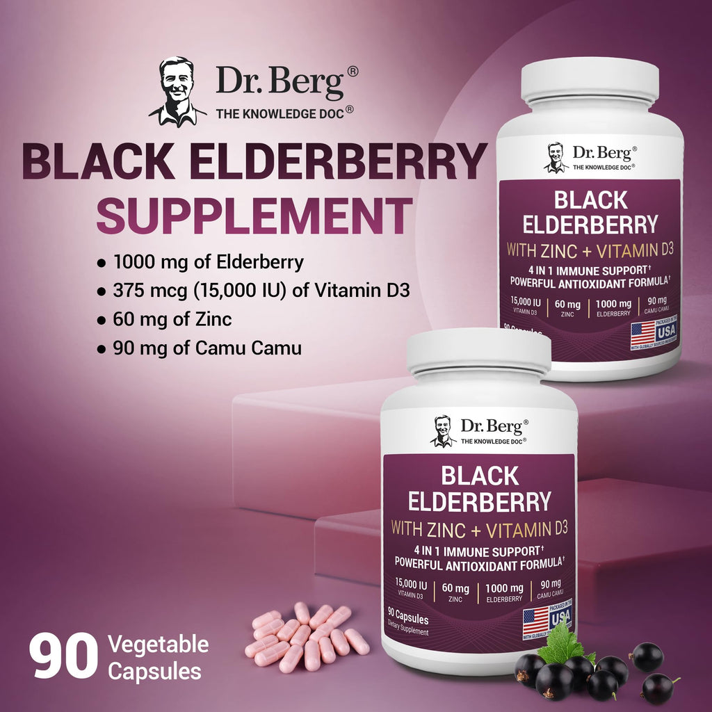 Dr. Berg Black Elderberry Capsules (Advanced Immune Support*) with 15,000 IU Vitamin D, 60 mg of Zinc, & 90 mg of Camu Camu - (4-in-1) Sambucus Elderberry Immune Support Supplement - 90 Capsules - TrustMedUSA
