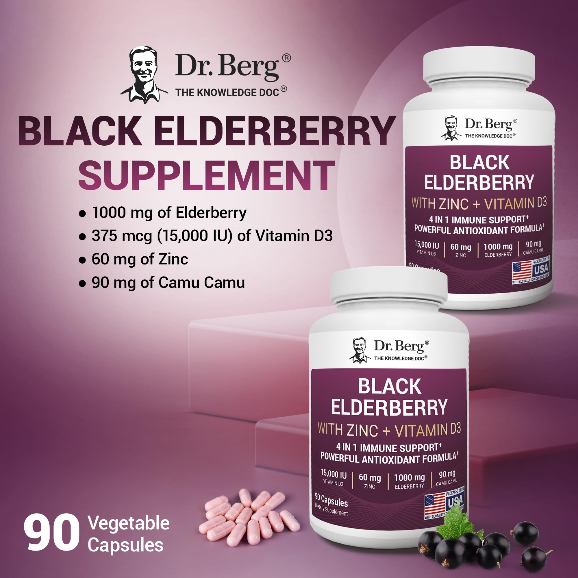 Dr. Berg Black Elderberry Capsules (Advanced Immune Support*) with 15,000 IU Vitamin D, 60 mg of Zinc, & 90 mg of Camu Camu - (4-in-1) Sambucus Elderberry Immune Support Supplement - 90 Capsules - TrustMedUSA