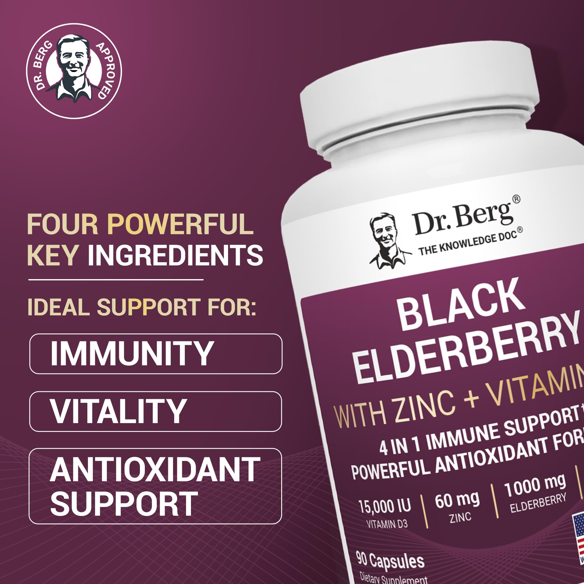Dr. Berg Black Elderberry Capsules (Advanced Immune Support*) with 15,000 IU Vitamin D, 60 mg of Zinc, & 90 mg of Camu Camu - (4-in-1) Sambucus Elderberry Immune Support Supplement - 90 Capsules - TrustMedUSA