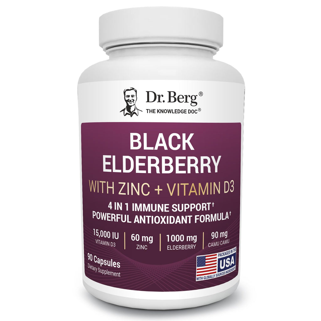 Dr. Berg Black Elderberry Capsules (Advanced Immune Support*) with 15,000 IU Vitamin D, 60 mg of Zinc, & 90 mg of Camu Camu - (4-in-1) Sambucus Elderberry Immune Support Supplement - 90 Capsules - TrustMedUSA
