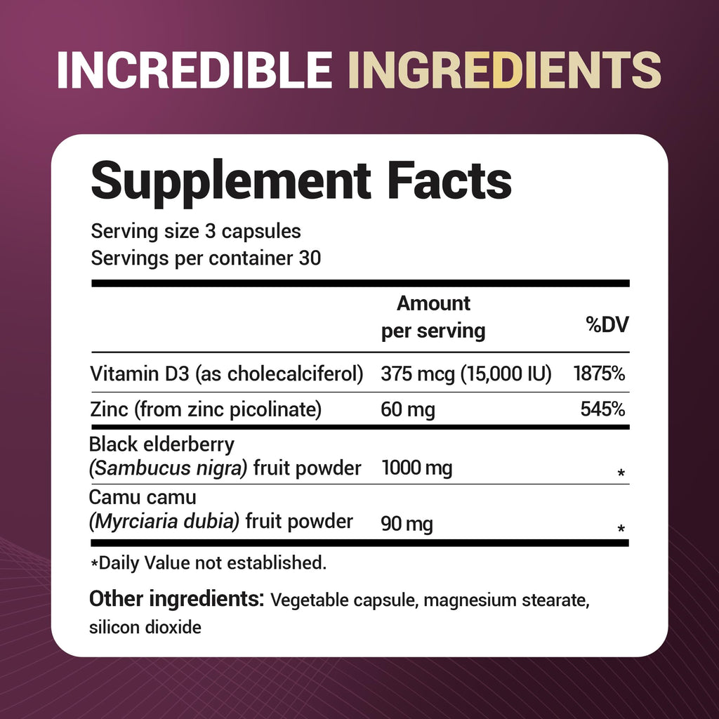 Dr. Berg Black Elderberry Capsules (Advanced Immune Support*) with 15,000 IU Vitamin D, 60 mg of Zinc, & 90 mg of Camu Camu - (4-in-1) Sambucus Elderberry Immune Support Supplement - 90 Capsules - TrustMedUSA