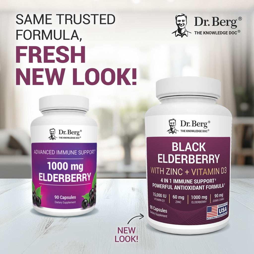 Dr. Berg Black Elderberry Capsules (Advanced Immune Support*) with 15,000 IU Vitamin D, 60 mg of Zinc, & 90 mg of Camu Camu - (4-in-1) Sambucus Elderberry Immune Support Supplement - 90 Capsules - TrustMedUSA