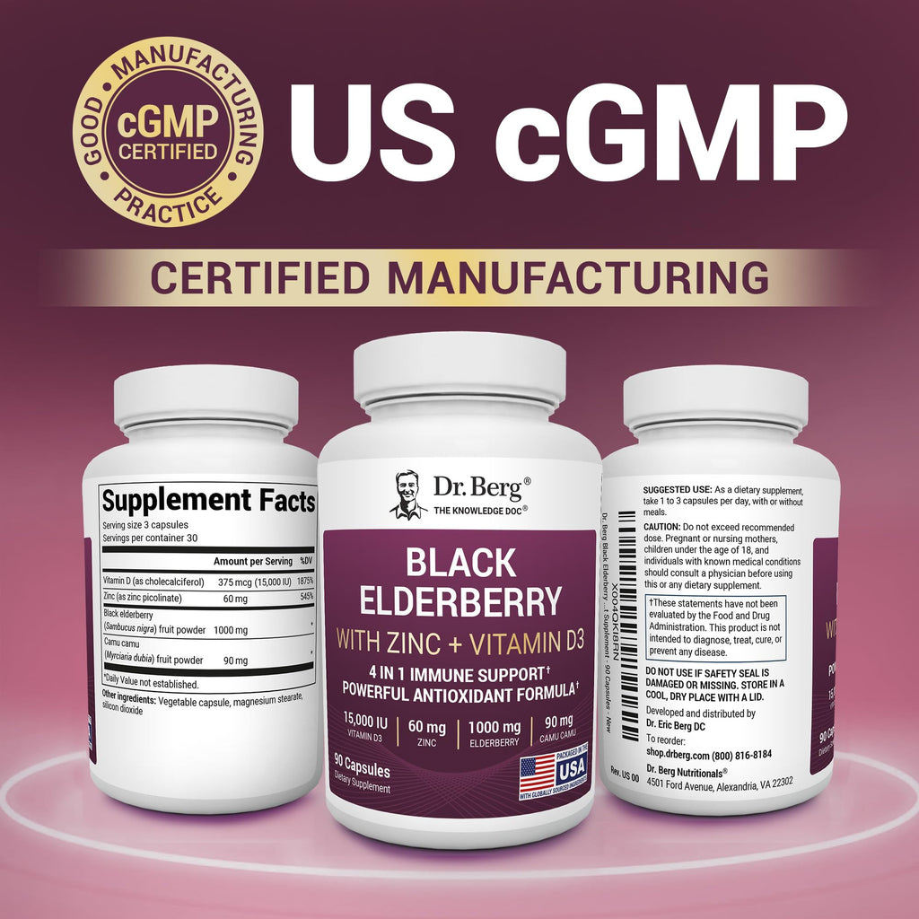 Dr. Berg Black Elderberry Capsules (Advanced Immune Support*) with 15,000 IU Vitamin D, 60 mg of Zinc, & 90 mg of Camu Camu - (4-in-1) Sambucus Elderberry Immune Support Supplement - 90 Capsules - TrustMedUSA
