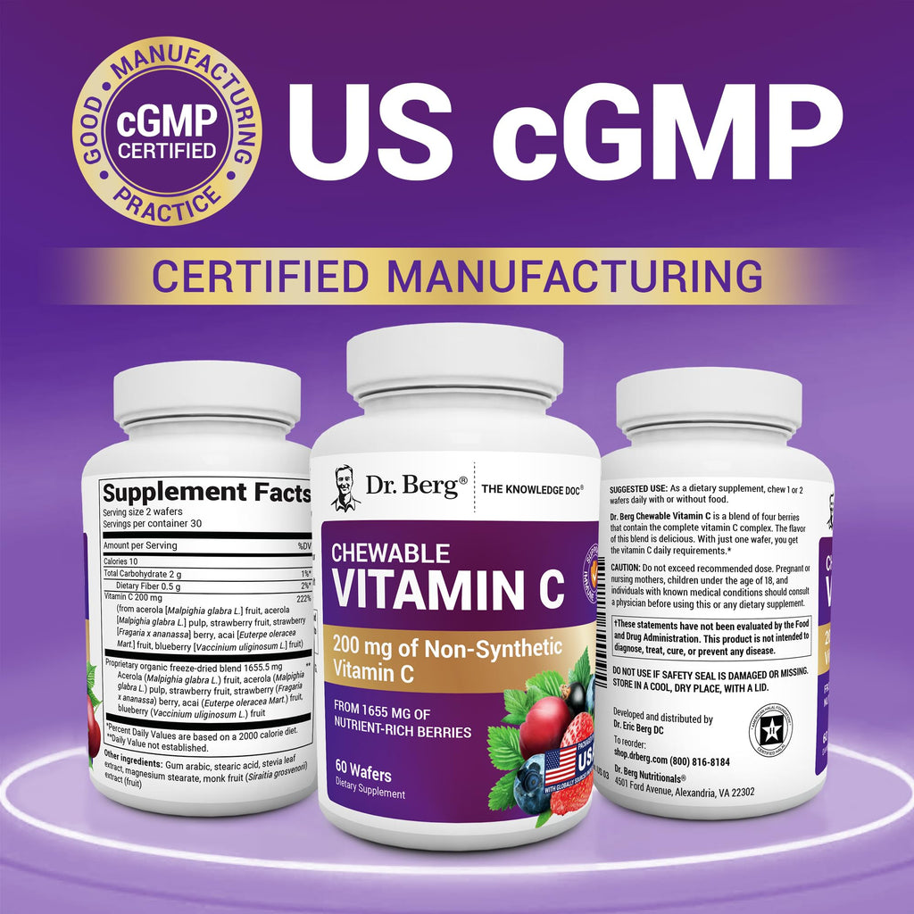 Dr. Berg Chewable Vitamin C Complex - Made with Organic, Non-GMO Berries - 60 Delicious Wafers - TrustMedUSA