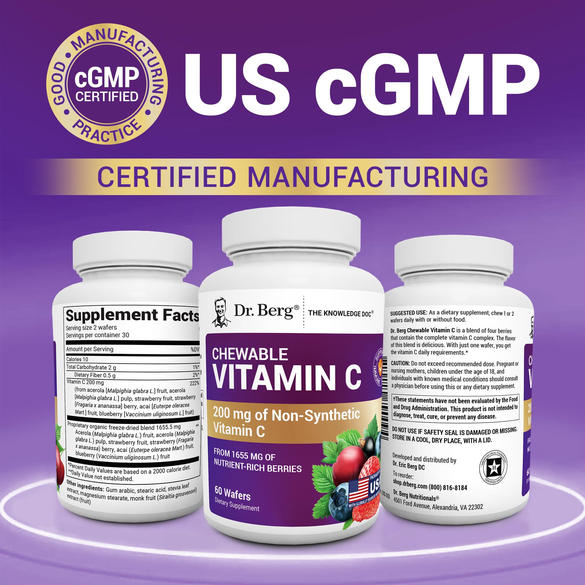 Dr. Berg Chewable Vitamin C Complex - Made with Organic, Non-GMO Berries - 60 Delicious Wafers - TrustMedUSA