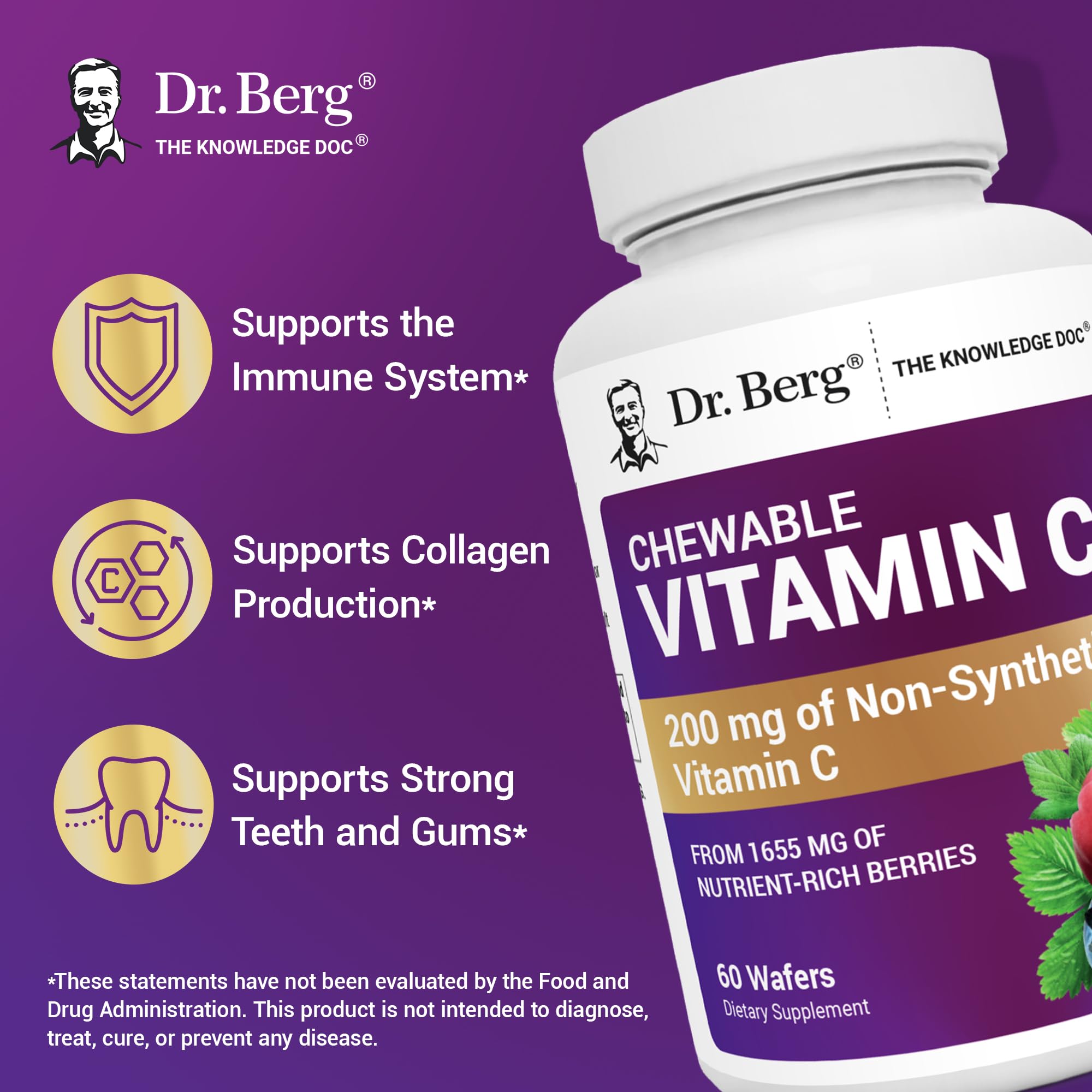 Dr. Berg Chewable Vitamin C Complex - Made with Organic, Non-GMO Berries - 60 Delicious Wafers - TrustMedUSA