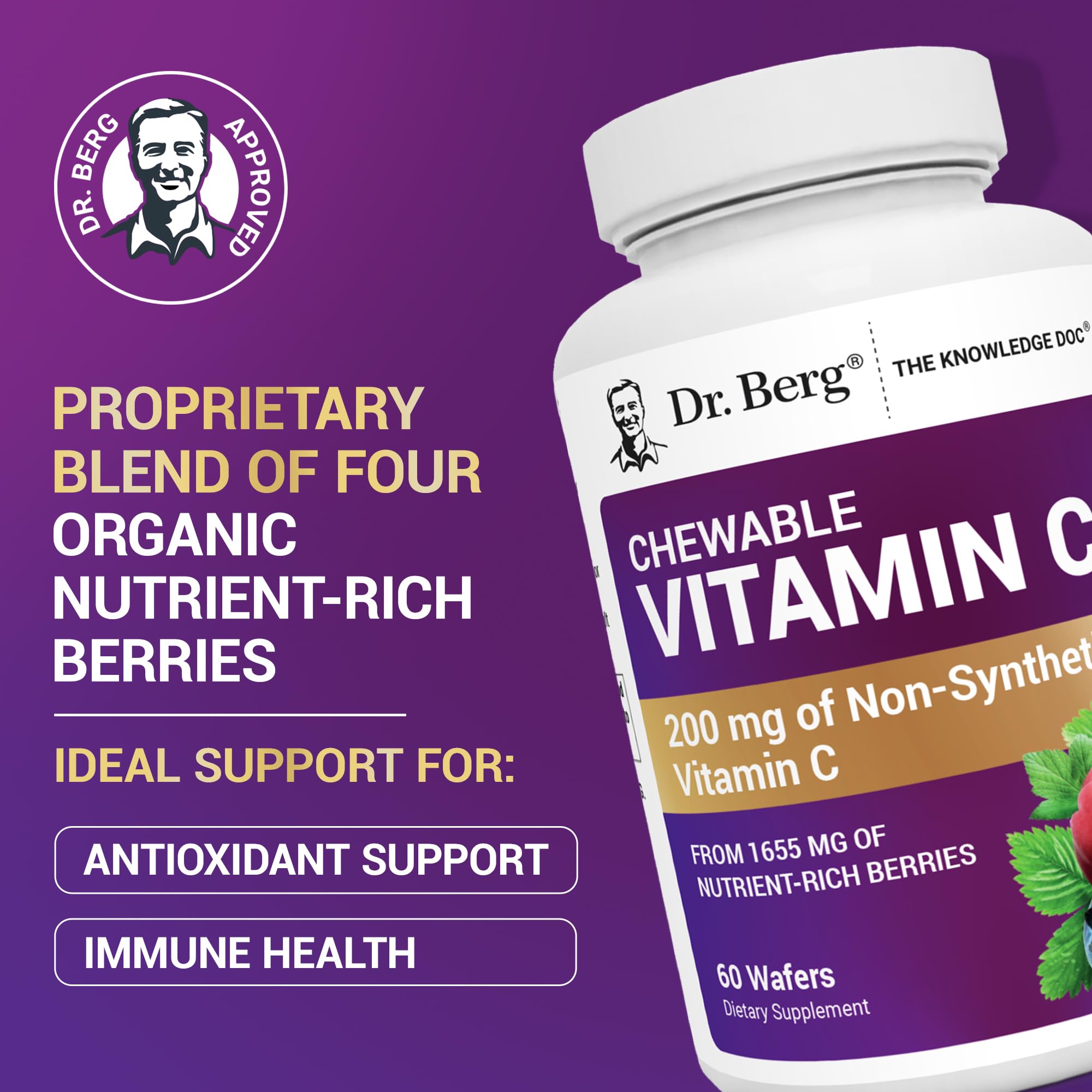 Dr. Berg Chewable Vitamin C Complex - Made with Organic, Non-GMO Berries - 60 Delicious Wafers - TrustMedUSA