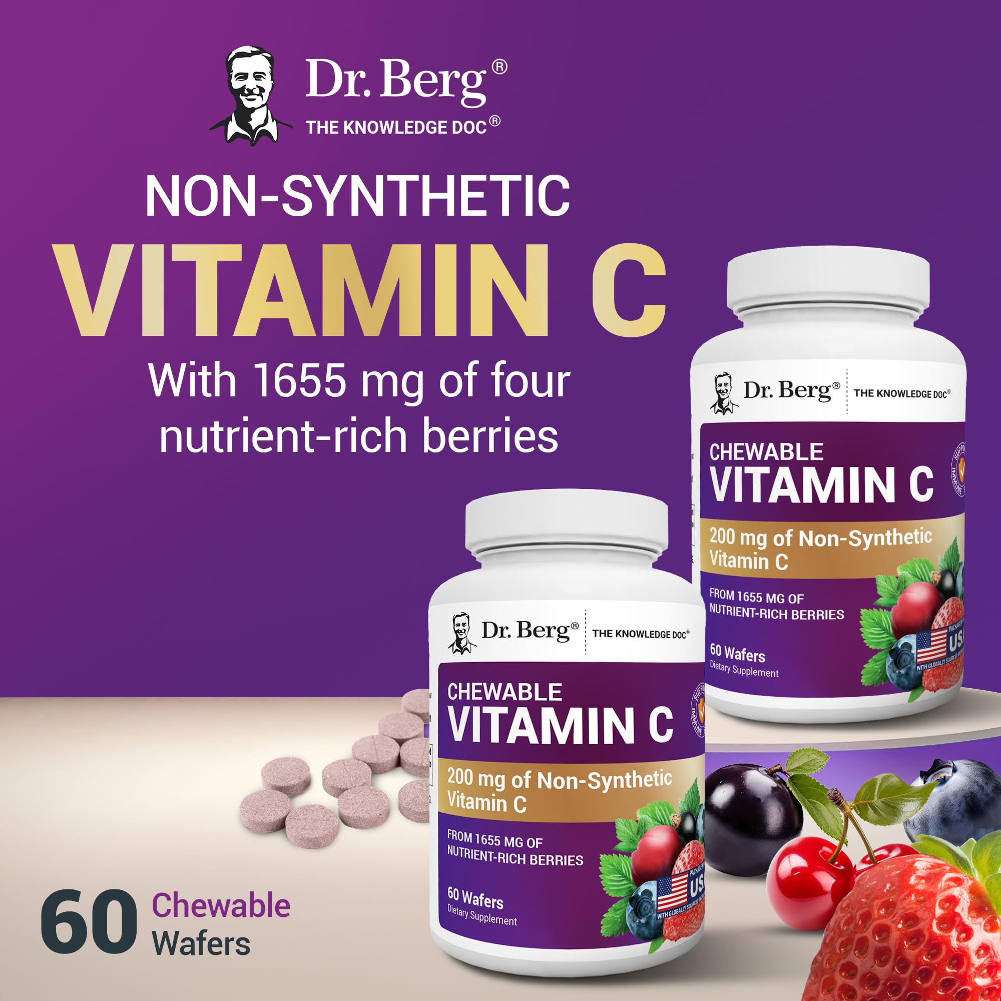 Dr. Berg Chewable Vitamin C Complex - Made with Organic, Non-GMO Berries - 60 Delicious Wafers - TrustMedUSA
