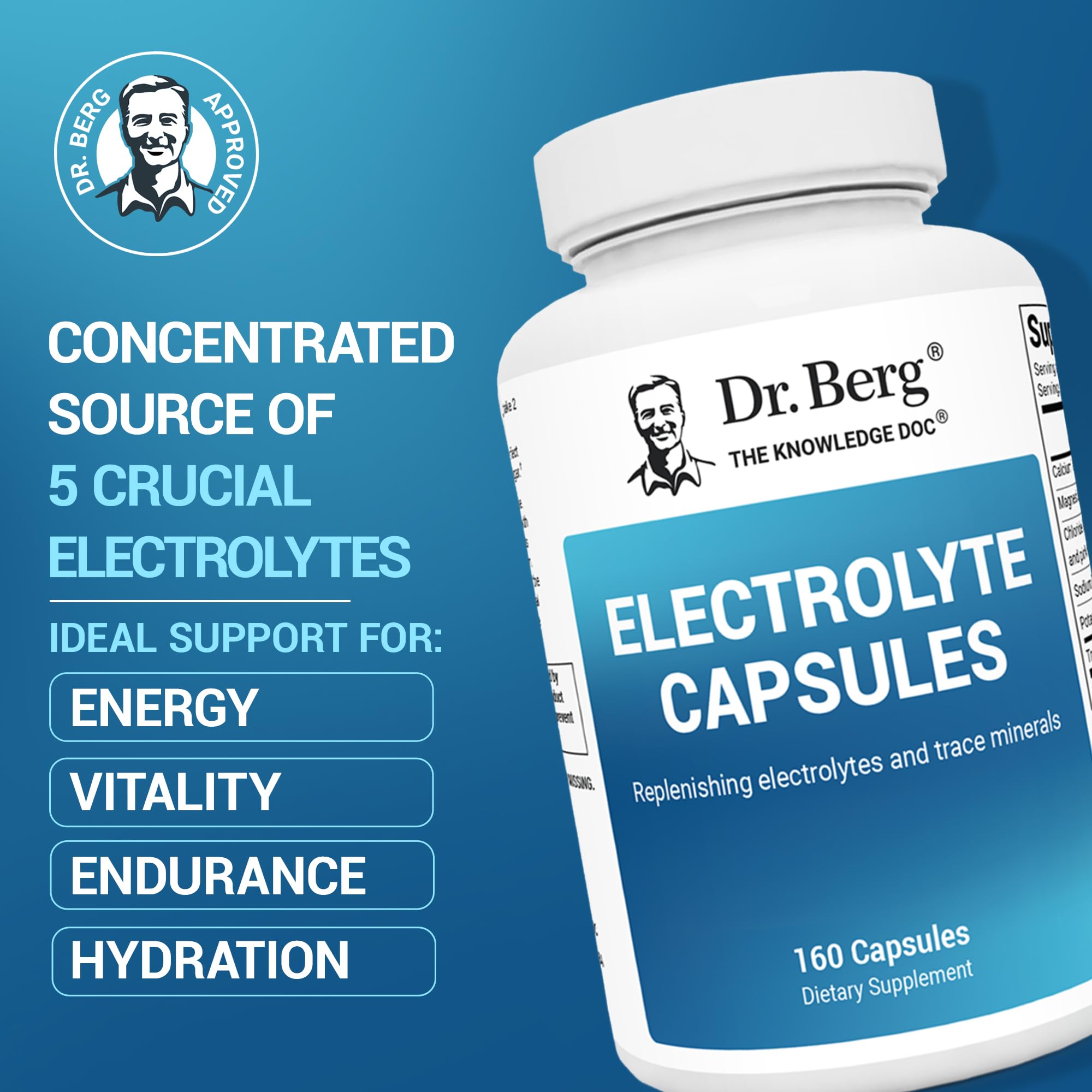 Dr. Berg Electrolyte Capsules - Electrolyte Supplements for Supporting Energy, Endurance, and Hydration - Sugar Free, No Maltodextrin, Keto Friendly - 160 Caps - TrustMedUSA