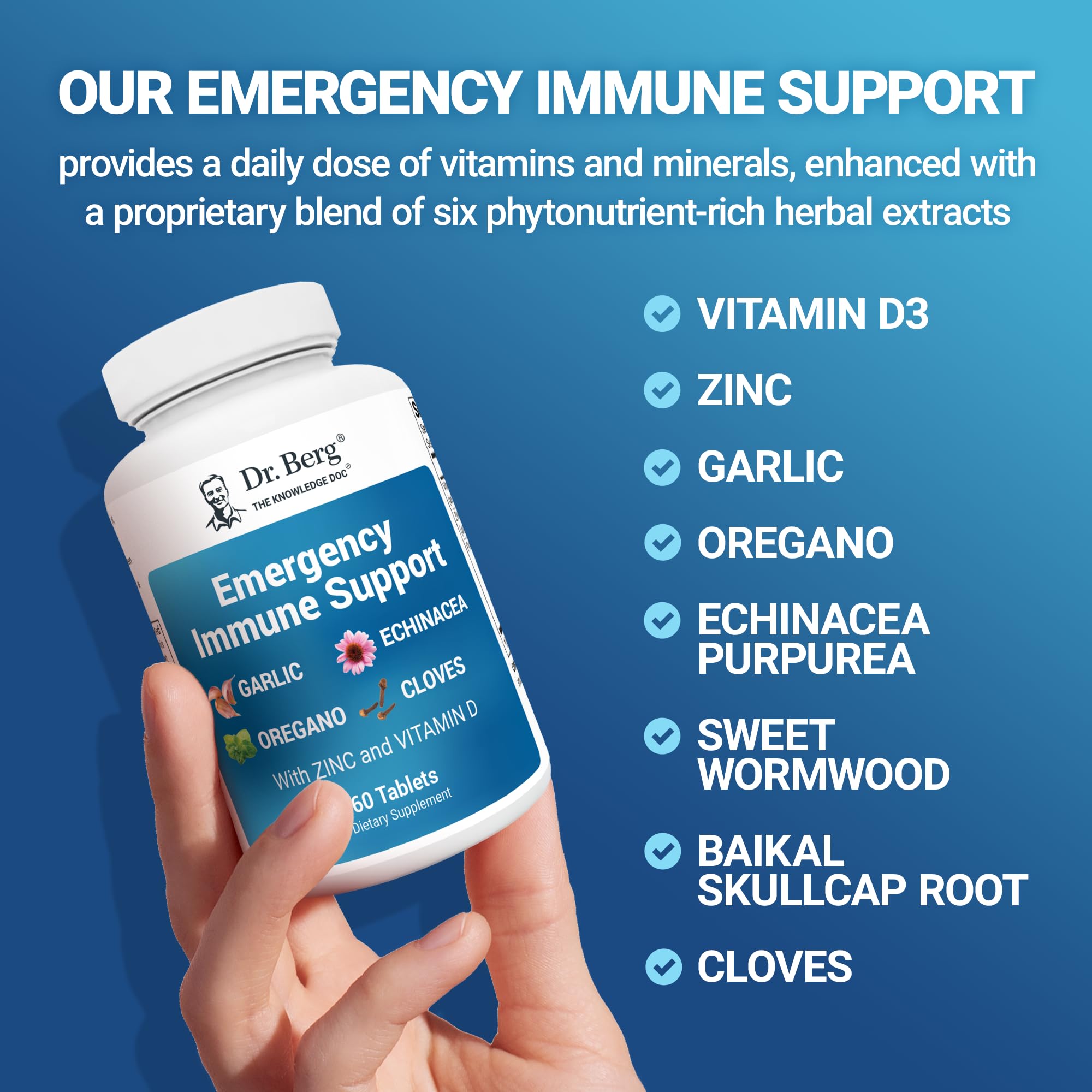 Dr. Berg Emergency Immune Support w/Echinacea - Potent Blend of Herbal Extracts (Warning: Strong Herbal Smells) - Immune Support Supplement Includes 2,000 IUs of Vitamin D & 10mg of Zinc - 60 Tablets - TrustMedUSA
