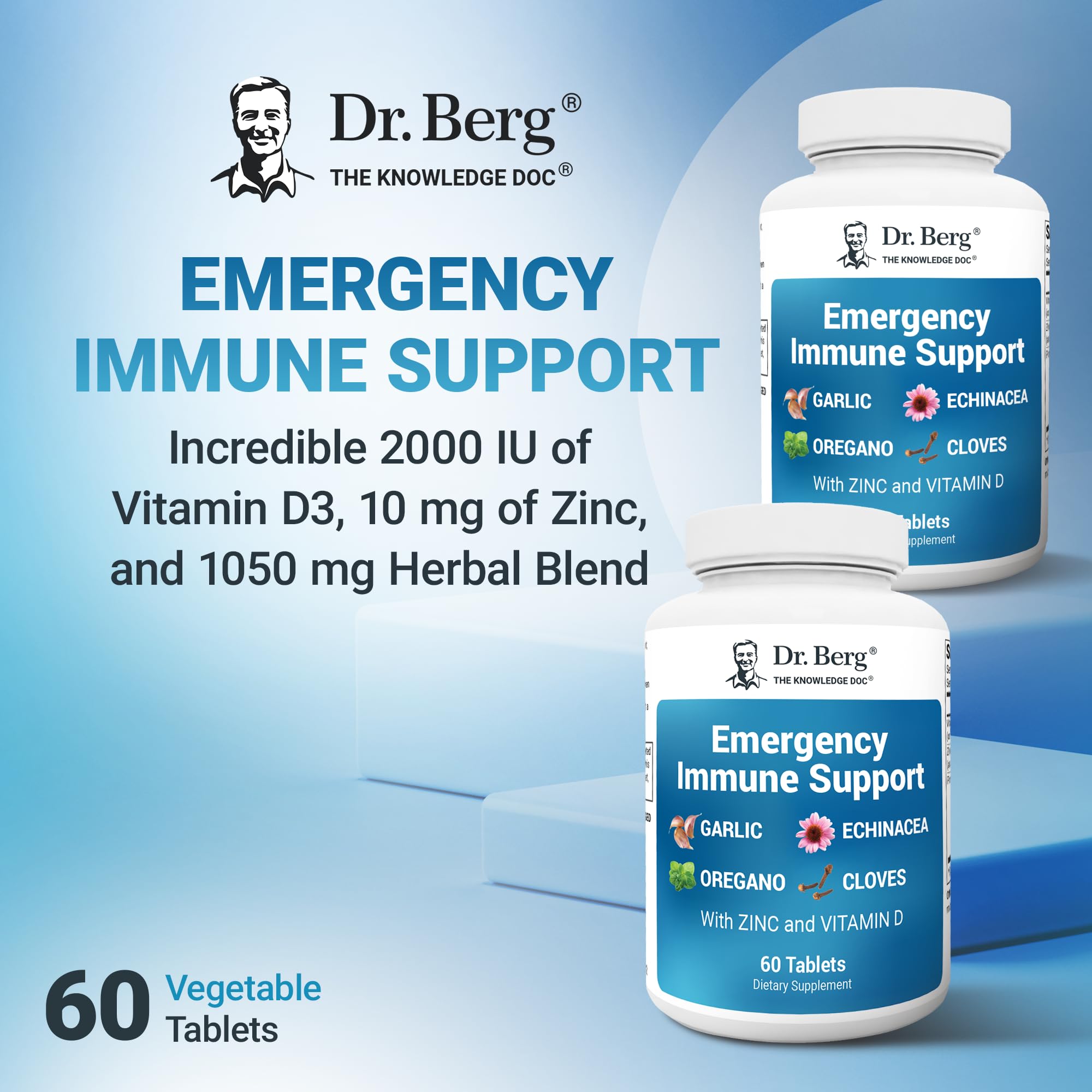 Dr. Berg Emergency Immune Support w/Echinacea - Potent Blend of Herbal Extracts (Warning: Strong Herbal Smells) - Immune Support Supplement Includes 2,000 IUs of Vitamin D & 10mg of Zinc - 60 Tablets - TrustMedUSA