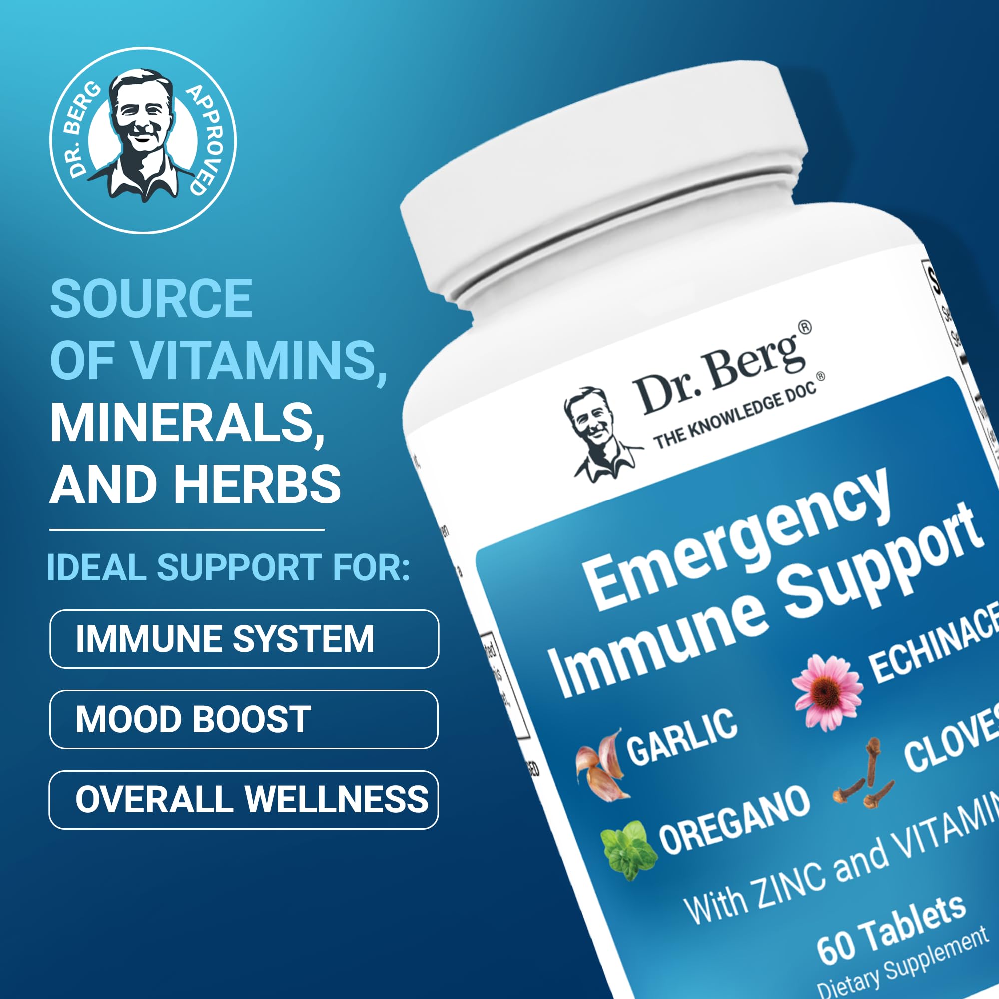 Dr. Berg Emergency Immune Support w/Echinacea - Potent Blend of Herbal Extracts (Warning: Strong Herbal Smells) - Immune Support Supplement Includes 2,000 IUs of Vitamin D & 10mg of Zinc - 60 Tablets - TrustMedUSA