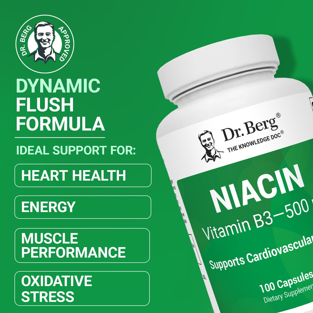 Dr. Berg Highly-Potent Niacin 500 mg – Now Only 125 mg per Capsule for Niacin Flush Tolerance Building – Gradually Increase to 500mg a Day – Vitamin B3 for Heart, Brain & Energy Support – 100 Capsules - TrustMedUSA