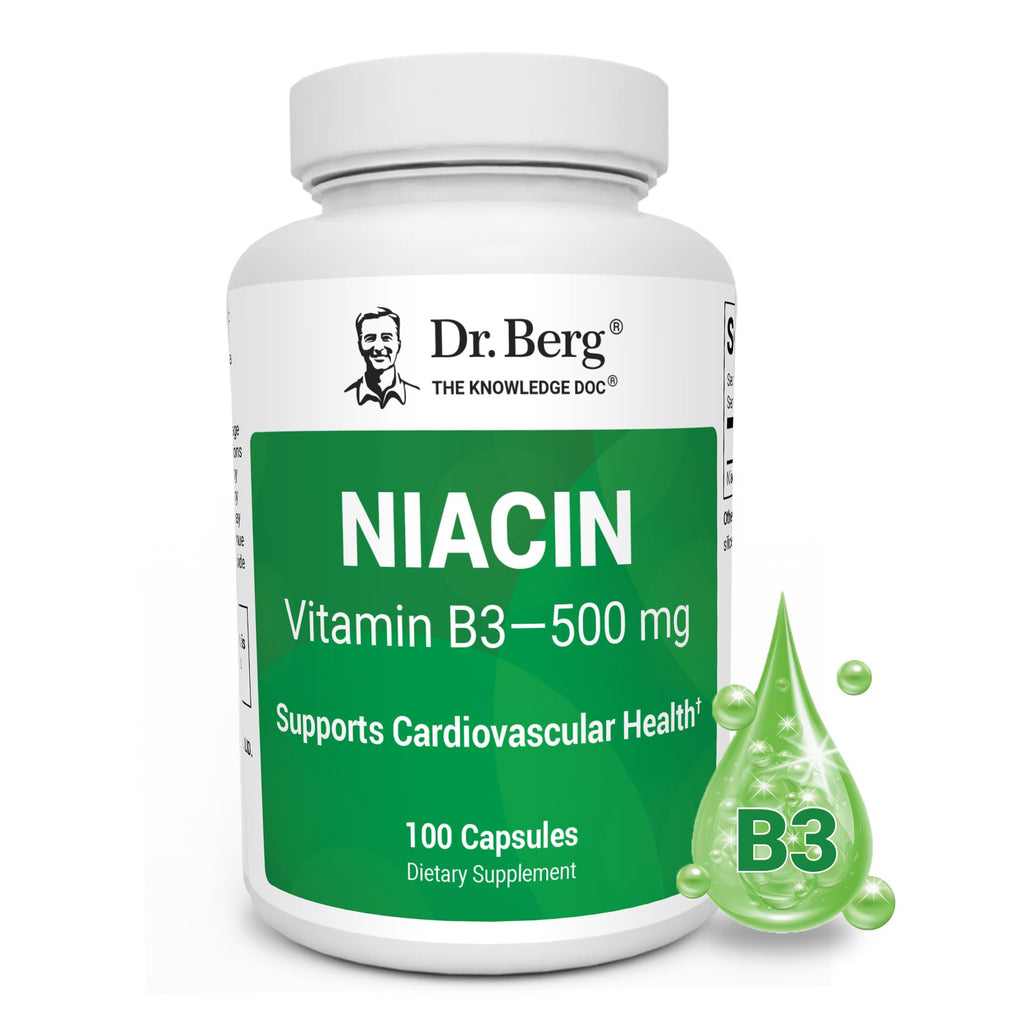 Dr. Berg Highly-Potent Niacin 500 mg – Now Only 125 mg per Capsule for Niacin Flush Tolerance Building – Gradually Increase to 500mg a Day – Vitamin B3 for Heart, Brain & Energy Support – 100 Capsules - TrustMedUSA
