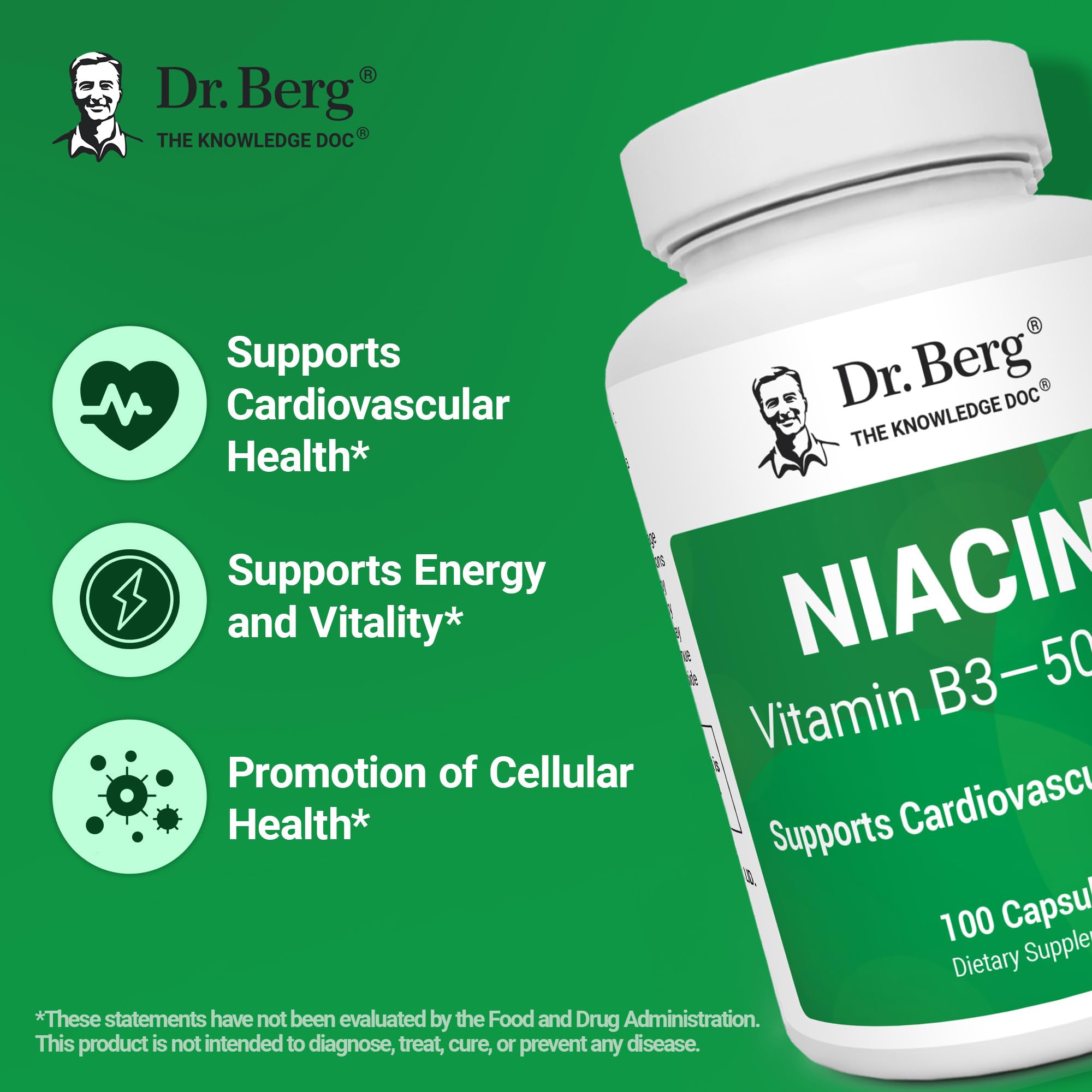 Dr. Berg Highly-Potent Niacin 500 mg – Now Only 125 mg per Capsule for Niacin Flush Tolerance Building – Gradually Increase to 500mg a Day – Vitamin B3 for Heart, Brain & Energy Support – 100 Capsules - TrustMedUSA
