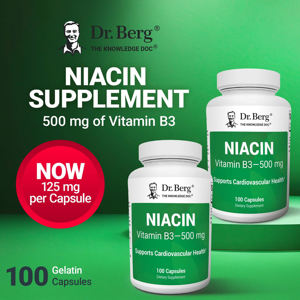 Dr. Berg Highly-Potent Niacin 500 mg – Now Only 125 mg per Capsule for Niacin Flush Tolerance Building – Gradually Increase to 500mg a Day – Vitamin B3 for Heart, Brain & Energy Support – 100 Capsules - TrustMedUSA