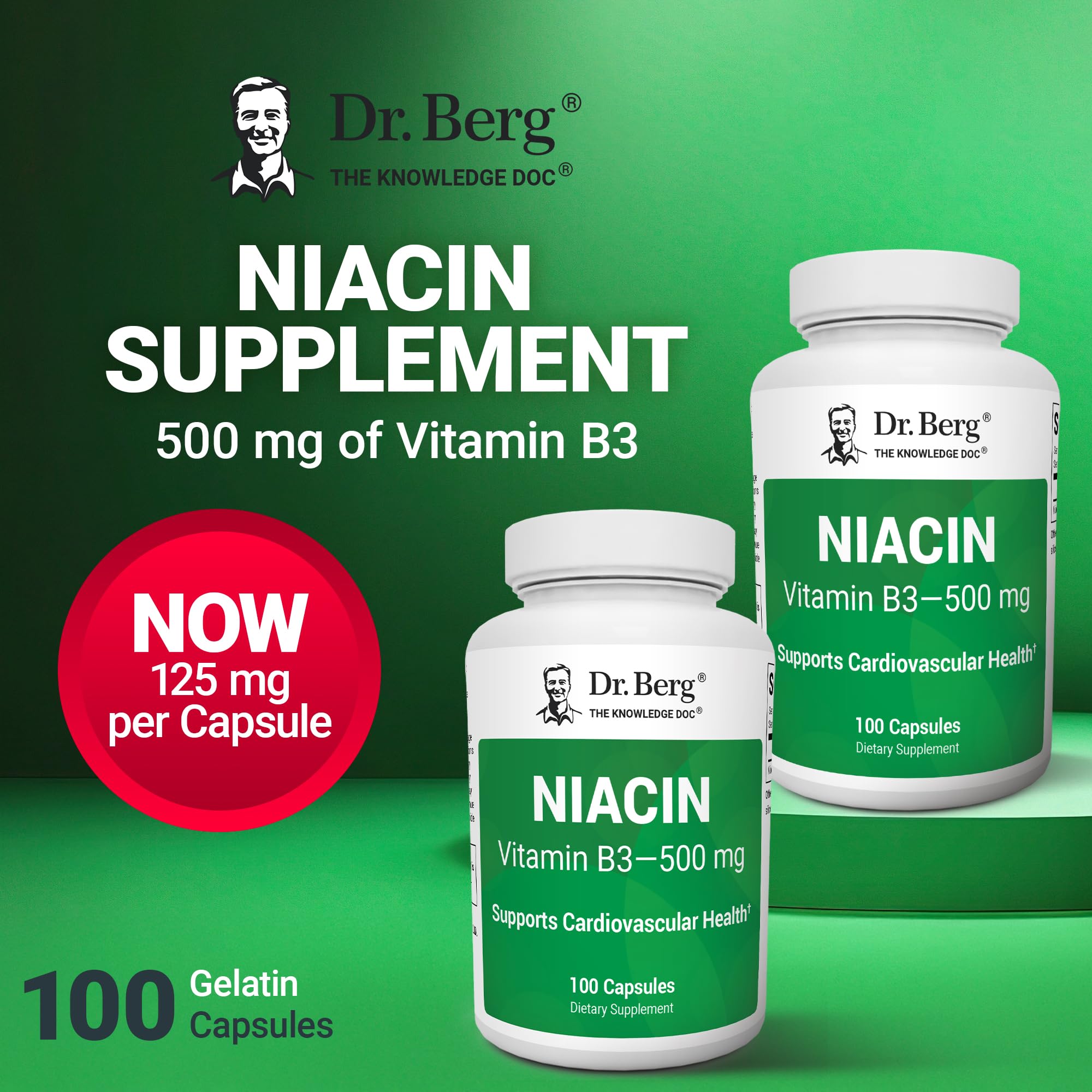 Dr. Berg Highly-Potent Niacin 500 mg – Now Only 125 mg per Capsule for Niacin Flush Tolerance Building – Gradually Increase to 500mg a Day – Vitamin B3 for Heart, Brain & Energy Support – 100 Capsules - TrustMedUSA