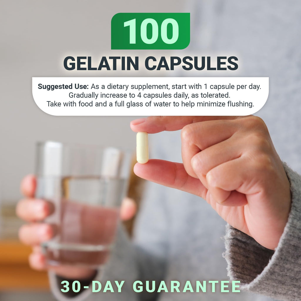 Dr. Berg Highly-Potent Niacin 500 mg – Now Only 125 mg per Capsule for Niacin Flush Tolerance Building – Gradually Increase to 500mg a Day – Vitamin B3 for Heart, Brain & Energy Support – 100 Capsules - TrustMedUSA