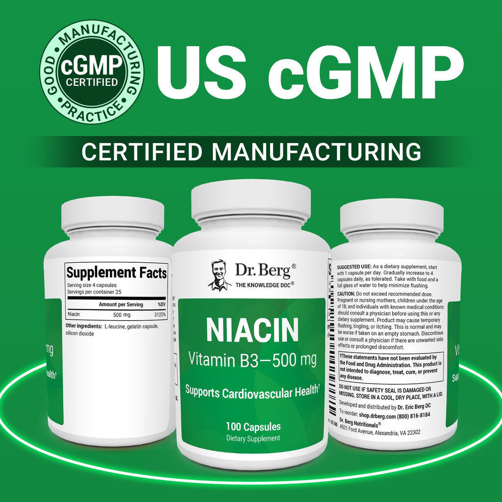 Dr. Berg Highly-Potent Niacin 500 mg – Now Only 125 mg per Capsule for Niacin Flush Tolerance Building – Gradually Increase to 500mg a Day – Vitamin B3 for Heart, Brain & Energy Support – 100 Capsules - TrustMedUSA