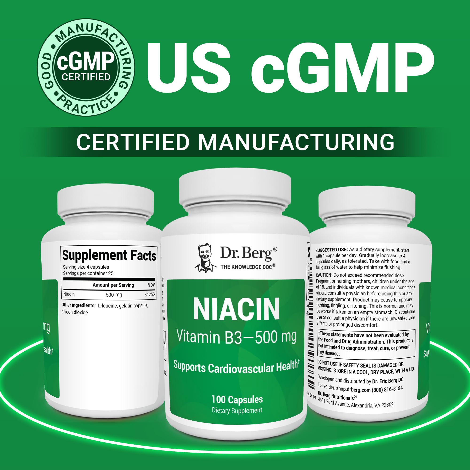 Dr. Berg Highly-Potent Niacin 500 mg – Now Only 125 mg per Capsule for Niacin Flush Tolerance Building – Gradually Increase to 500mg a Day – Vitamin B3 for Heart, Brain & Energy Support – 100 Capsules - TrustMedUSA
