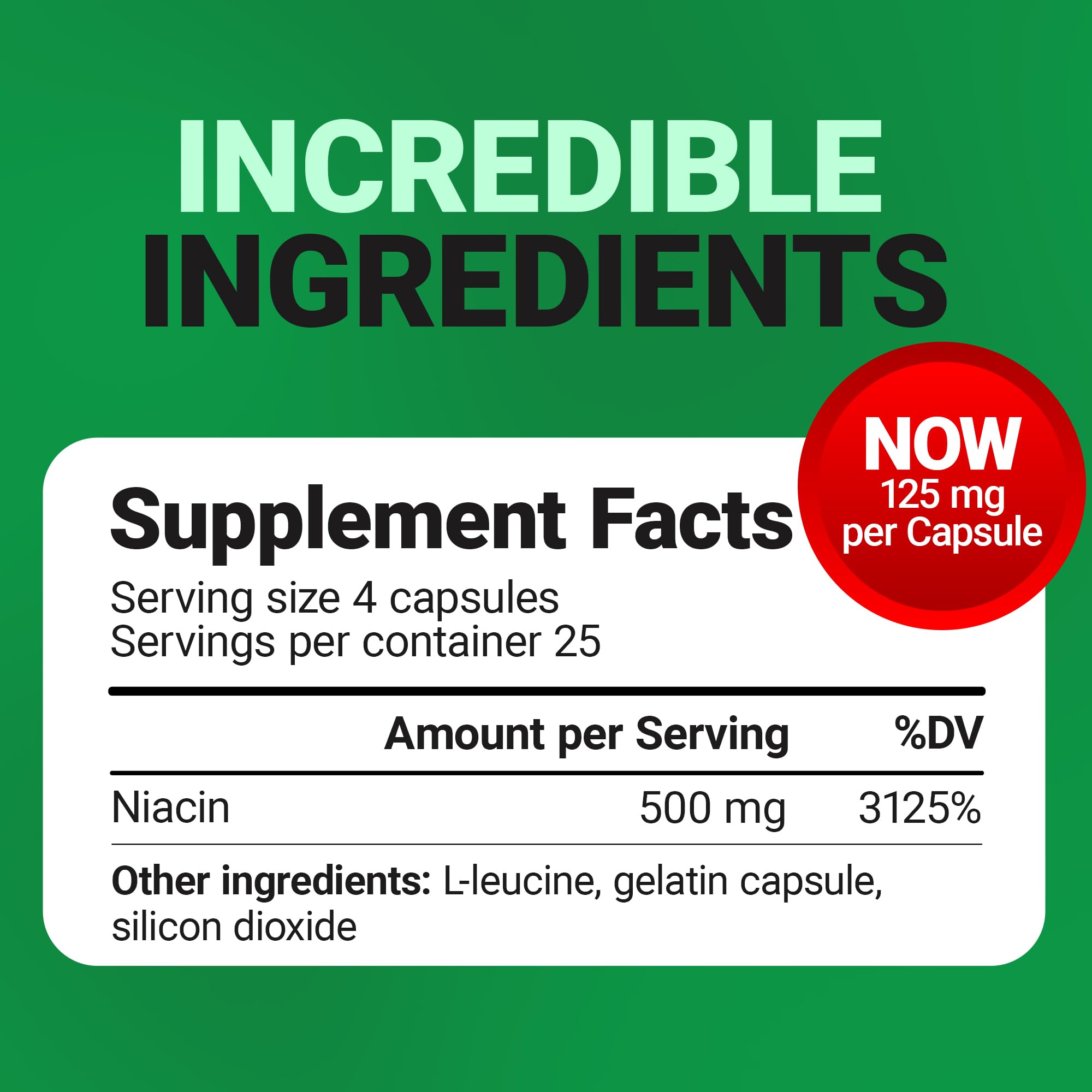 Dr. Berg Highly-Potent Niacin 500 mg – Now Only 125 mg per Capsule for Niacin Flush Tolerance Building – Gradually Increase to 500mg a Day – Vitamin B3 for Heart, Brain & Energy Support – 100 Capsules - TrustMedUSA