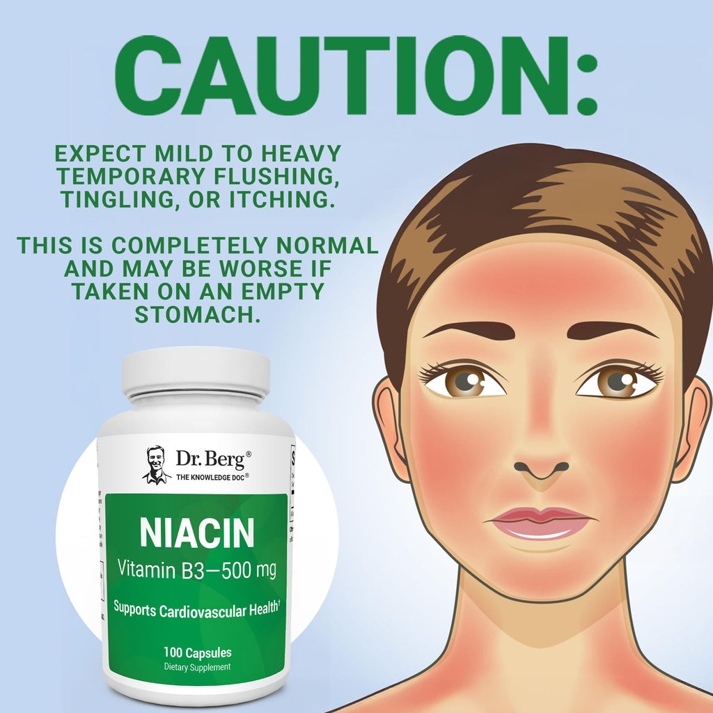 Dr. Berg Highly-Potent Niacin 500 mg – Now Only 125 mg per Capsule for Niacin Flush Tolerance Building – Gradually Increase to 500mg a Day – Vitamin B3 for Heart, Brain & Energy Support – 100 Capsules - TrustMedUSA