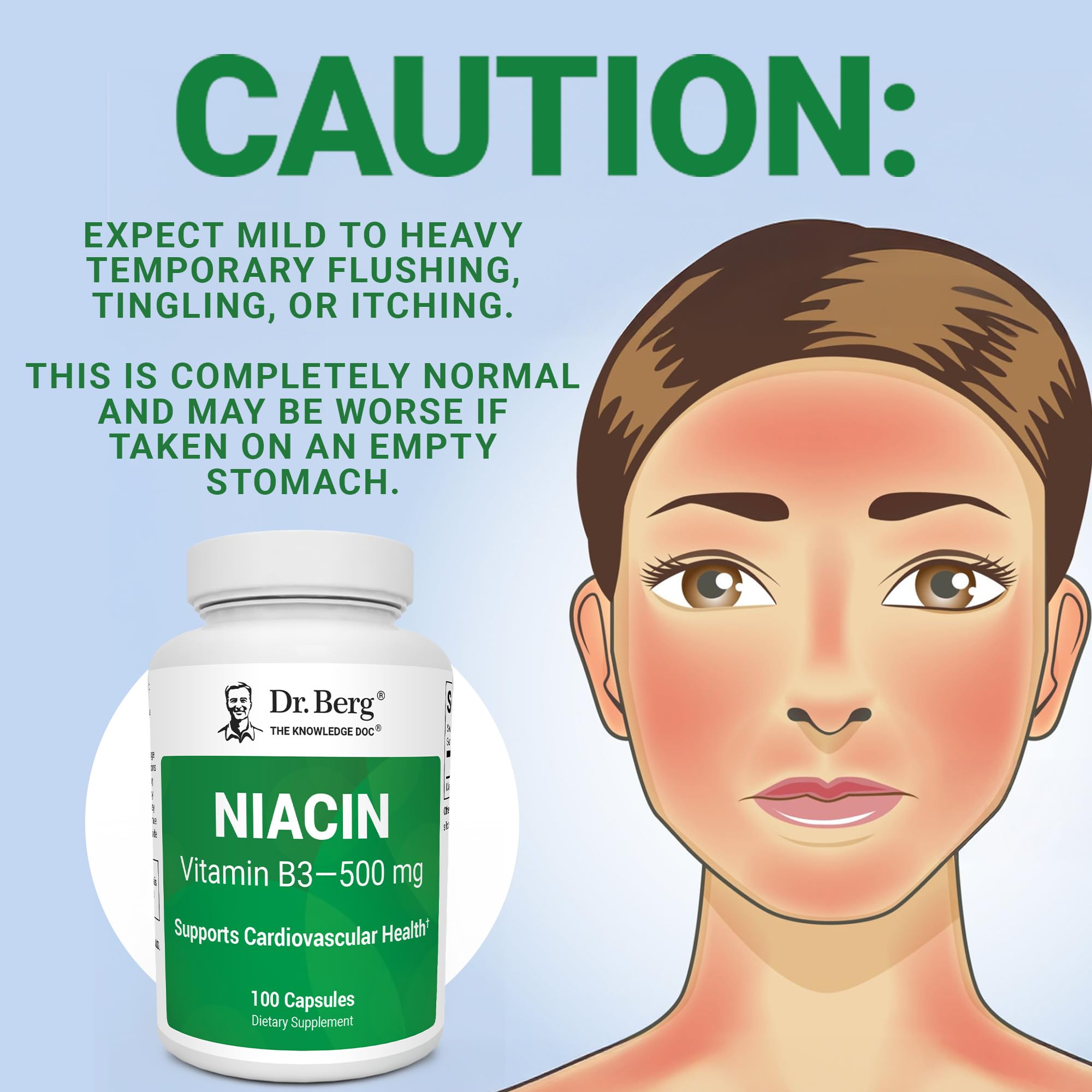 Dr. Berg Highly-Potent Niacin 500 mg – Now Only 125 mg per Capsule for Niacin Flush Tolerance Building – Gradually Increase to 500mg a Day – Vitamin B3 for Heart, Brain & Energy Support – 100 Capsules - TrustMedUSA