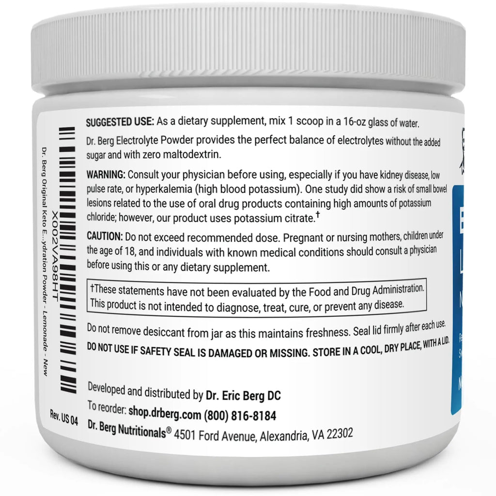 Dr. Berg Hydration Keto Electrolyte Powder - Enhanced w/ 1,000mg of Potassium & Real - TrustMedUSA