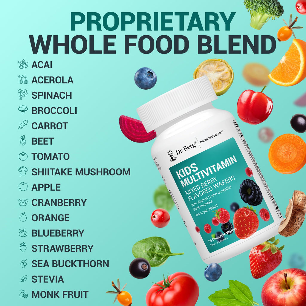 Dr. Berg Kids Chewable Multivitamins (NOT Sweetened w/Sugar) - Daily Multivitamin for Kids that Includes 20 Nutrients & Trace Mineral Complex - Mixed Berry Chewable Vitamins for Kid - Red Wafers - TrustMedUSA