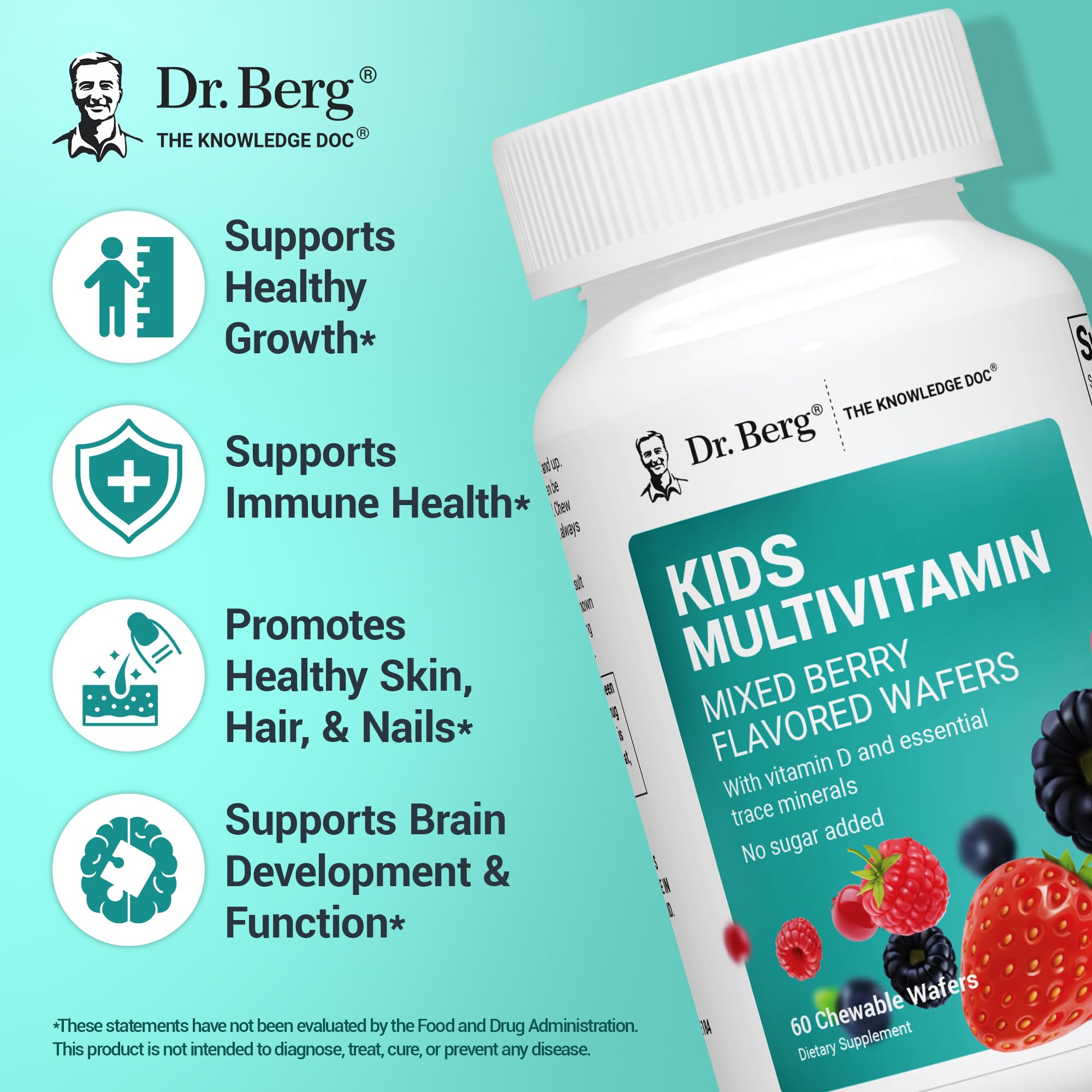 Dr. Berg Kids Chewable Multivitamins (NOT Sweetened w/Sugar) - Daily Multivitamin for Kids that Includes 20 Nutrients & Trace Mineral Complex - Mixed Berry Chewable Vitamins for Kid - Red Wafers - TrustMedUSA