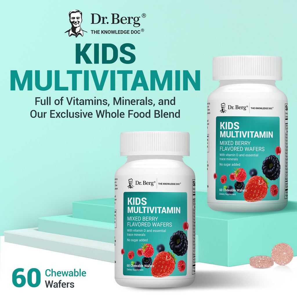 Dr. Berg Kids Chewable Multivitamins (NOT Sweetened w/Sugar) - Daily Multivitamin for Kids that Includes 20 Nutrients & Trace Mineral Complex - Mixed Berry Chewable Vitamins for Kid - Red Wafers - TrustMedUSA
