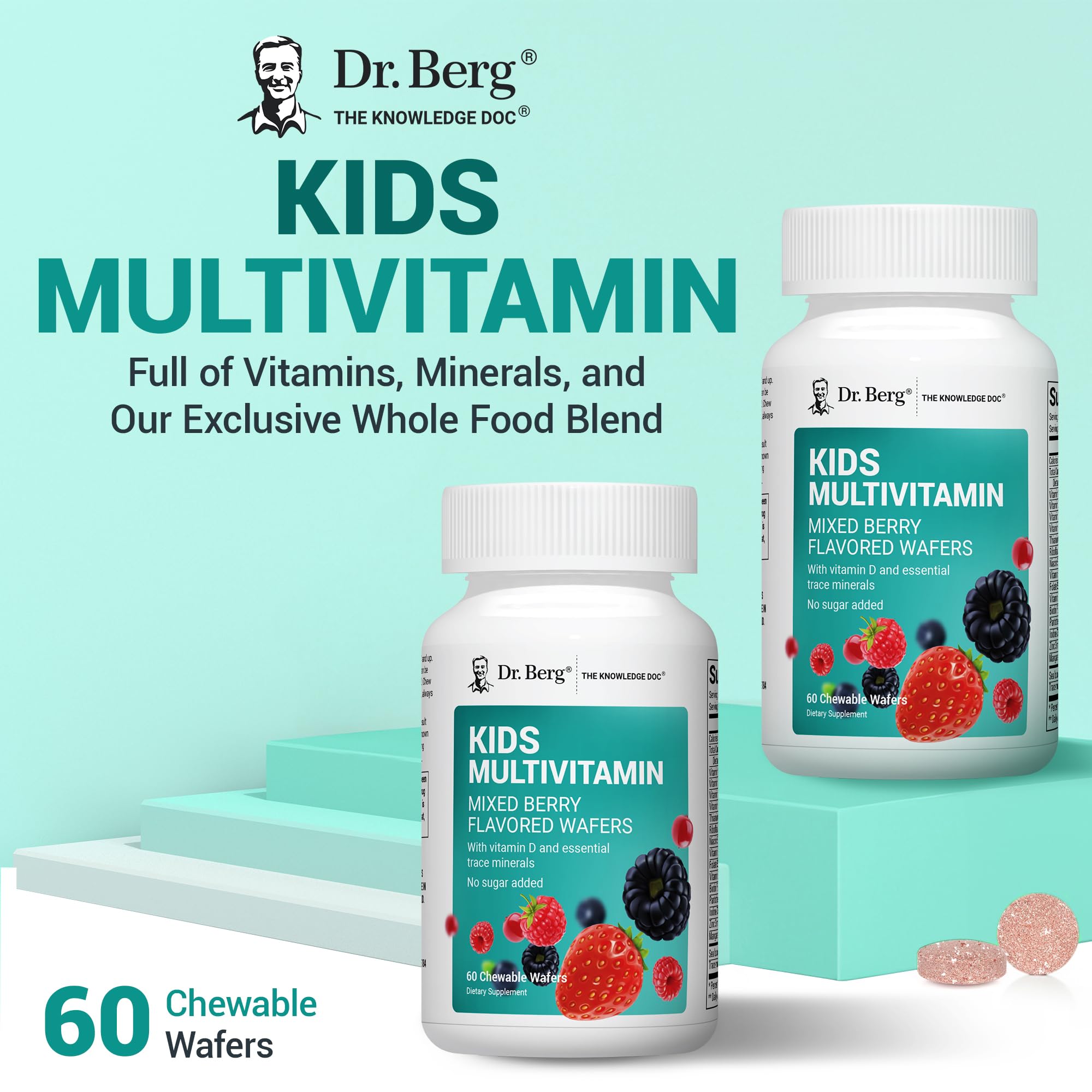 Dr. Berg Kids Chewable Multivitamins (NOT Sweetened w/Sugar) - Daily Multivitamin for Kids that Includes 20 Nutrients & Trace Mineral Complex - Mixed Berry Chewable Vitamins for Kid - Red Wafers - TrustMedUSA