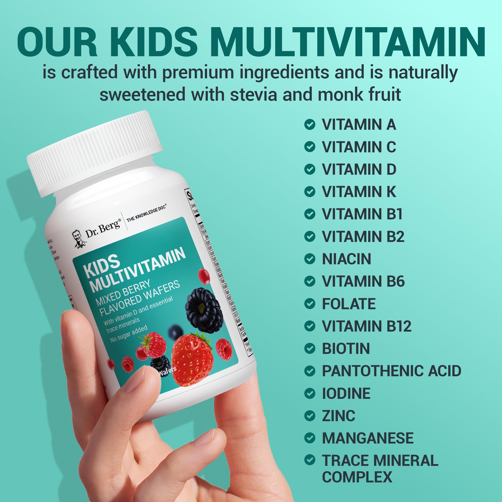 Dr. Berg Kids Chewable Multivitamins (NOT Sweetened w/Sugar) - Daily Multivitamin for Kids that Includes 20 Nutrients & Trace Mineral Complex - Mixed Berry Chewable Vitamins for Kid - Red Wafers - TrustMedUSA