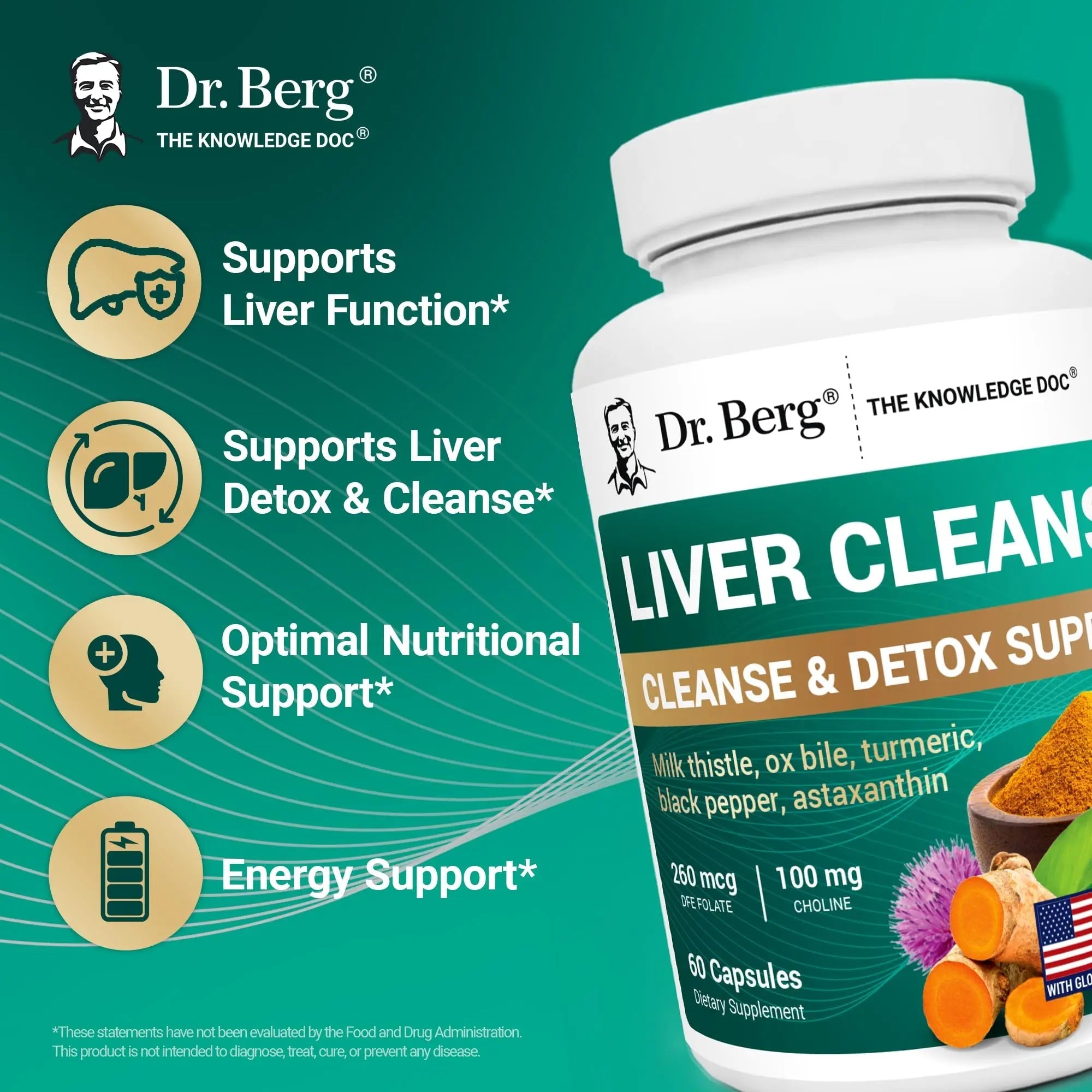 Dr. Berg Liver Cleanse Detox Capsules w/Unique Blend of Milk Thistle, Ox Bile & Folate - Liver Supplement Includes Turmeric, Black Pepper & Choline - 60 Capsules - TrustMedUSA
