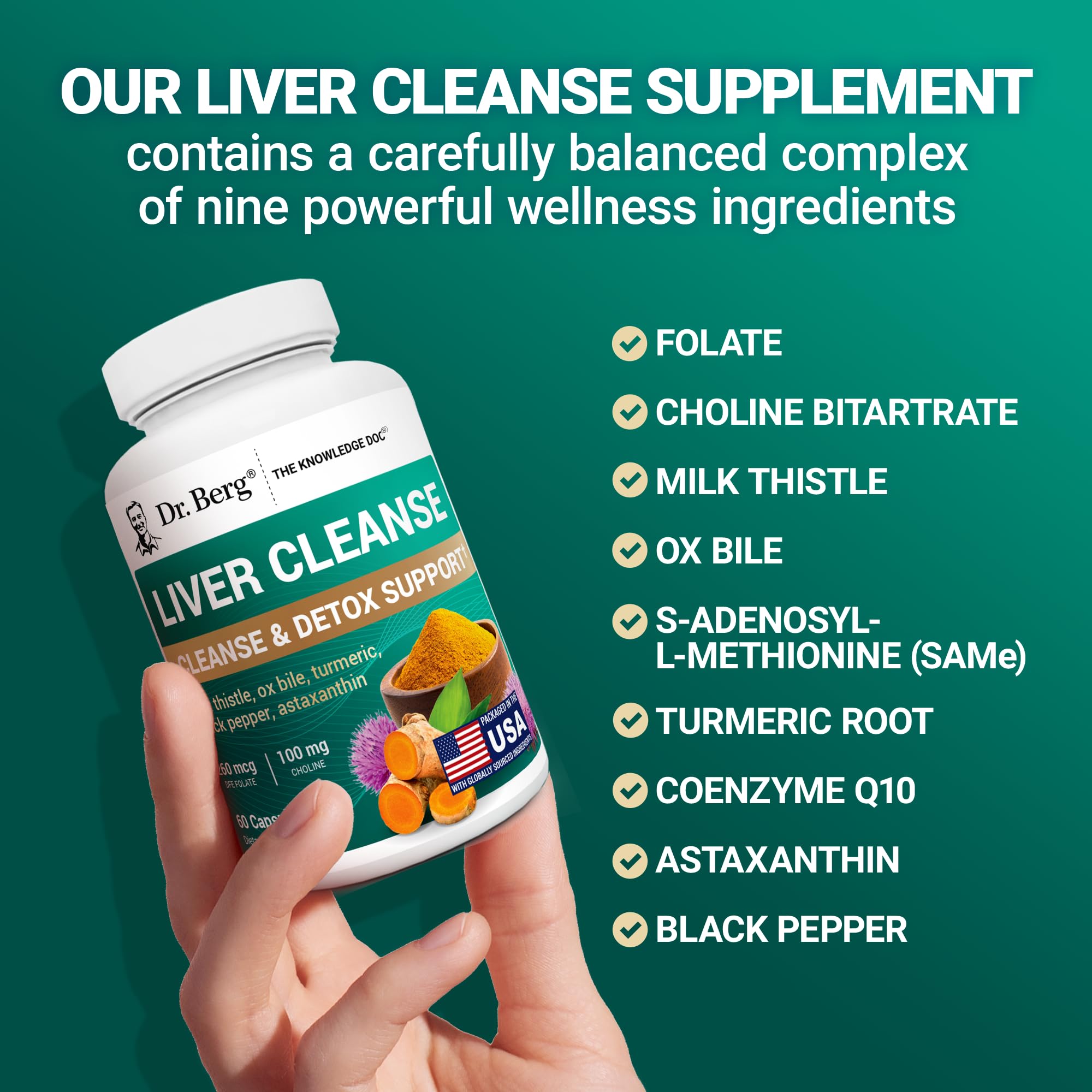 Dr. Berg Liver Cleanse Detox Capsules w/Unique Blend of Milk Thistle, Ox Bile & Folate - Liver Supplement Includes Turmeric, Black Pepper & Choline - 60 Capsules - TrustMedUSA
