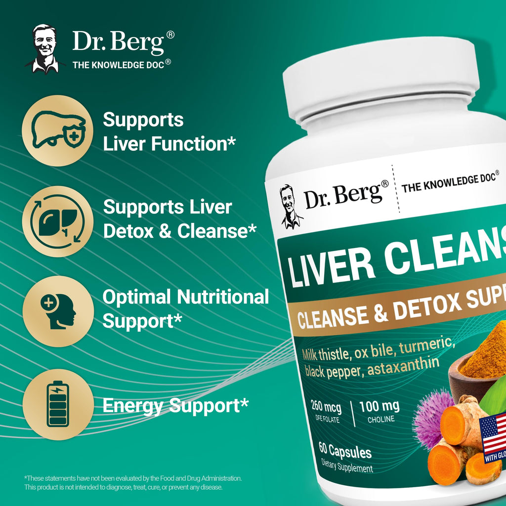 Dr. Berg Liver Cleanse Detox Capsules w/Unique Blend of Milk Thistle, Ox Bile & Folate - Liver Supplement Includes Turmeric, Black Pepper & Choline - 60 Capsules - TrustMedUSA