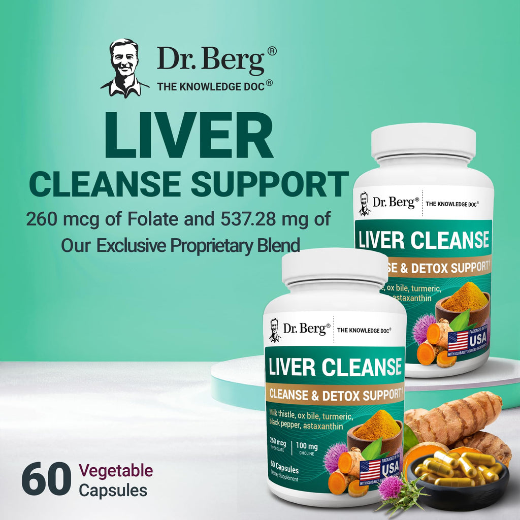Dr. Berg Liver Cleanse Detox Capsules w/Unique Blend of Milk Thistle, Ox Bile & Folate - Liver Supplement Includes Turmeric, Black Pepper & Choline - 60 Capsules - TrustMedUSA