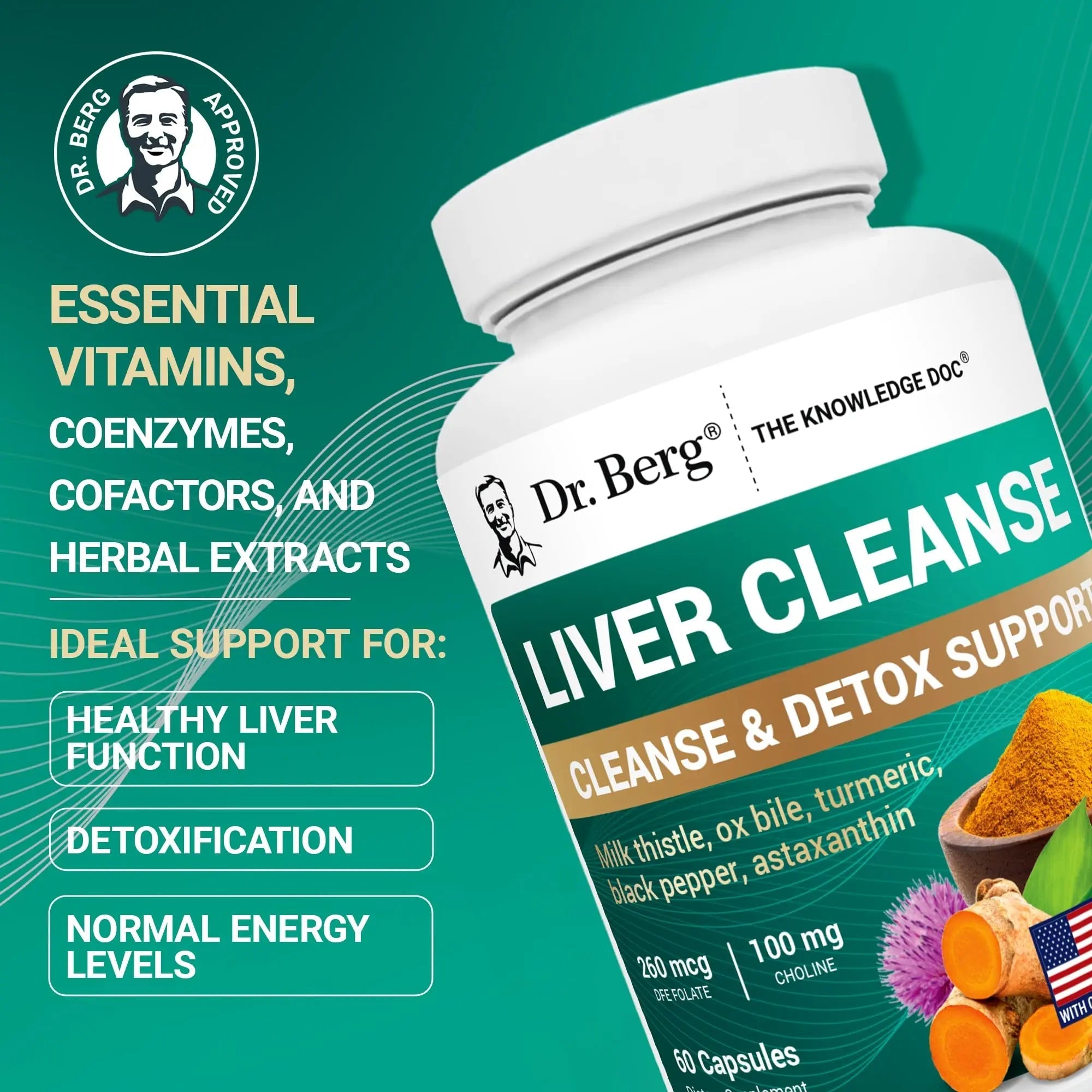 Dr. Berg Liver Cleanse Detox Capsules w/Unique Blend of Milk Thistle, Ox Bile & Folate - Liver Supplement Includes Turmeric, Black Pepper & Choline - 60 Capsules - TrustMedUSA
