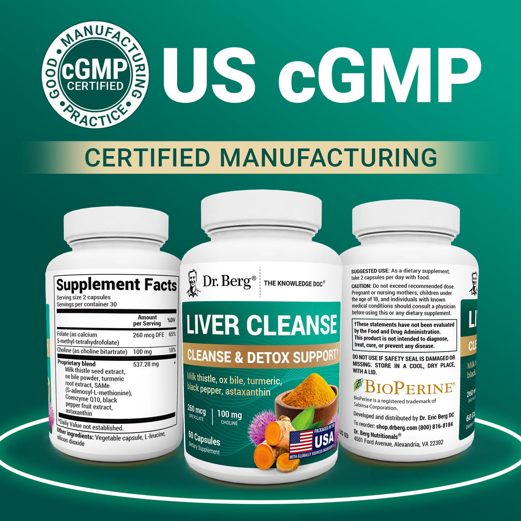 Dr. Berg Liver Cleanse Detox Capsules w/Unique Blend of Milk Thistle, Ox Bile & Folate - Liver Supplement Includes Turmeric, Black Pepper & Choline - 60 Capsules - TrustMedUSA