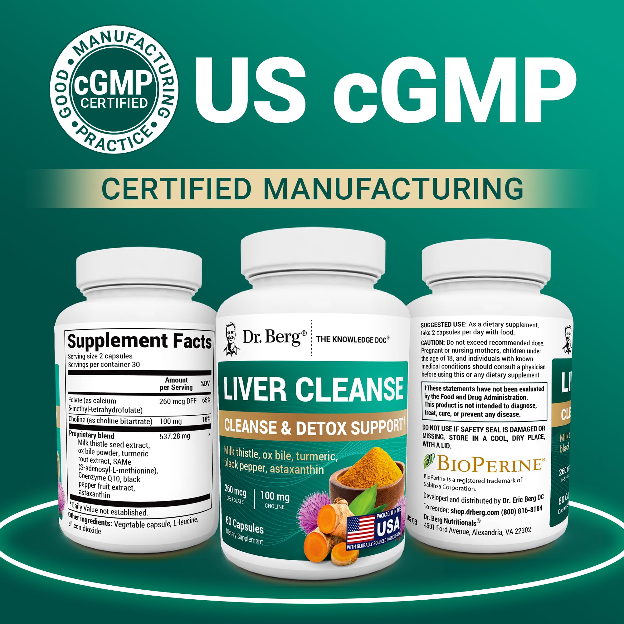 Dr. Berg Liver Cleanse Detox Capsules w/Unique Blend of Milk Thistle, Ox Bile & Folate - Liver Supplement Includes Turmeric, Black Pepper & Choline - 60 Capsules - TrustMedUSA